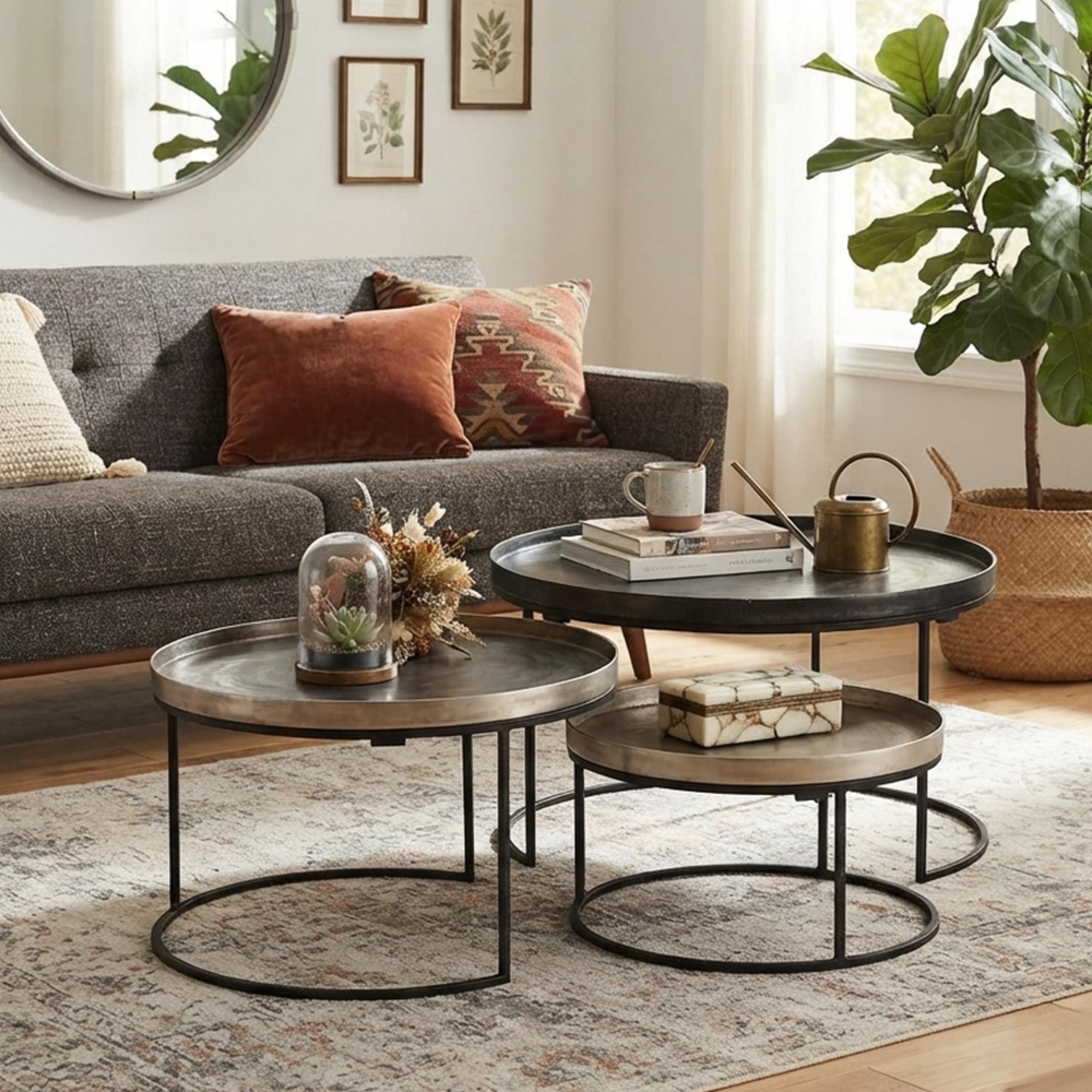 Nest of Coffee Table - 3 Tier - Round - Black - Aluminium