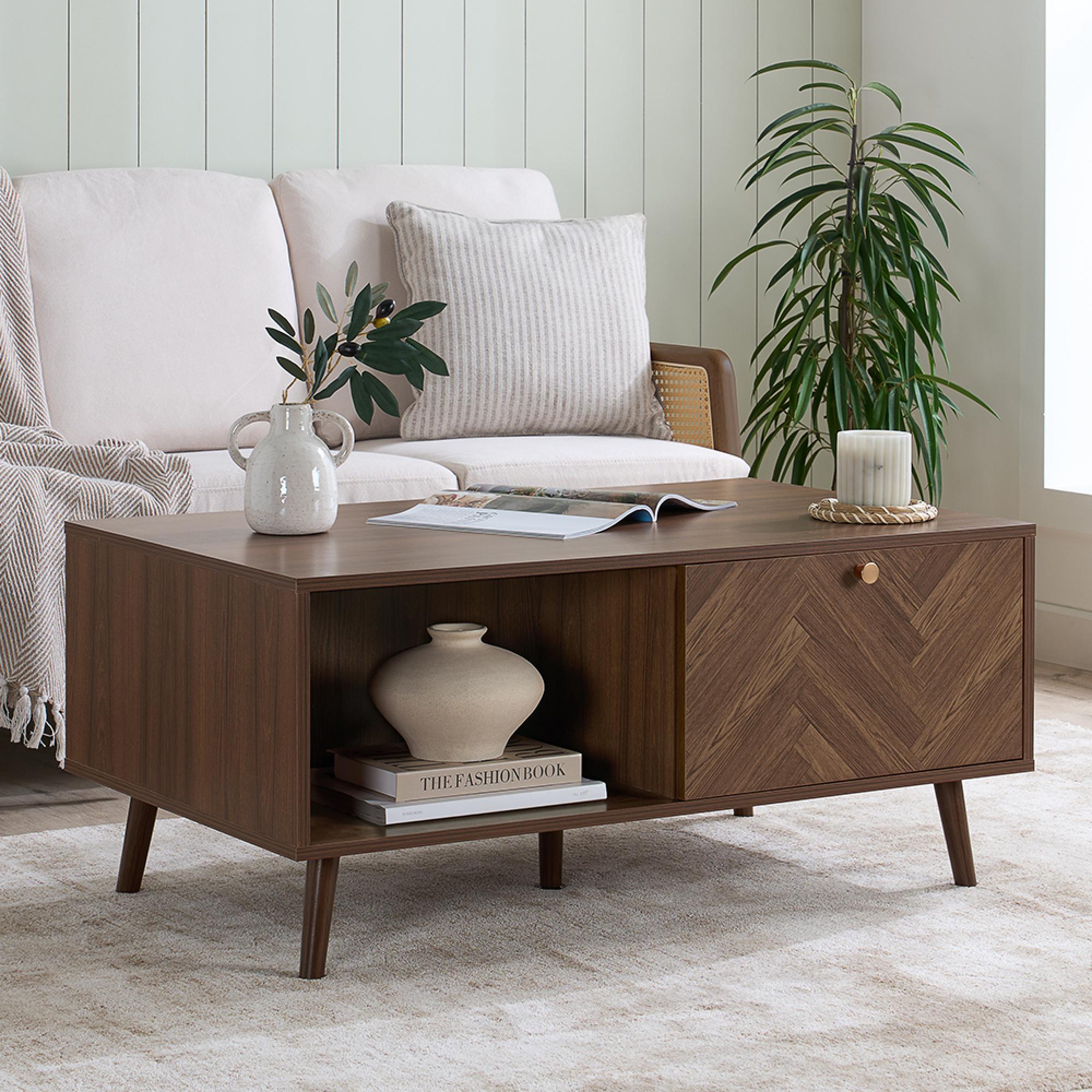 Herringford Coffee Table - 1 Drawer - Chevron - Walnut