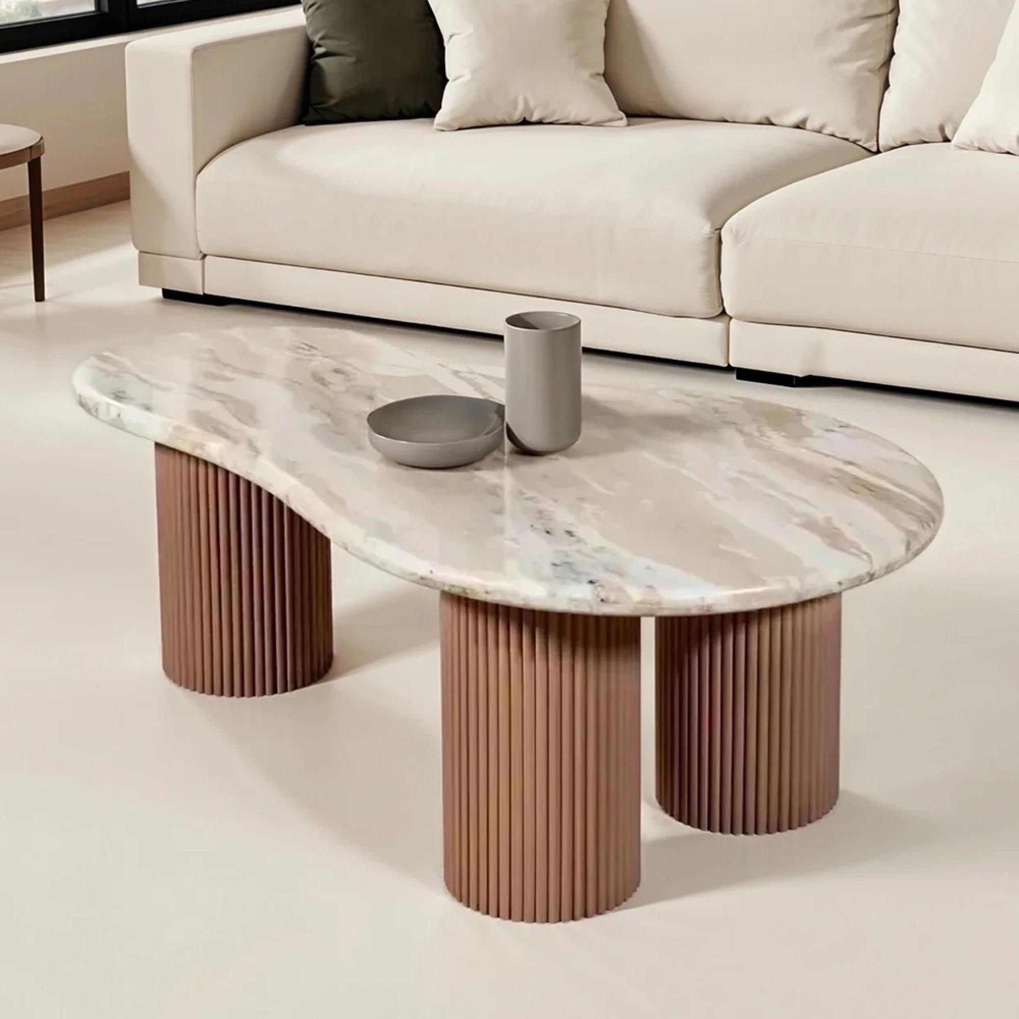 Ashford Coffee Table - Abstract - Fluted - Pale Taupe - Marble Top and Mango Wood