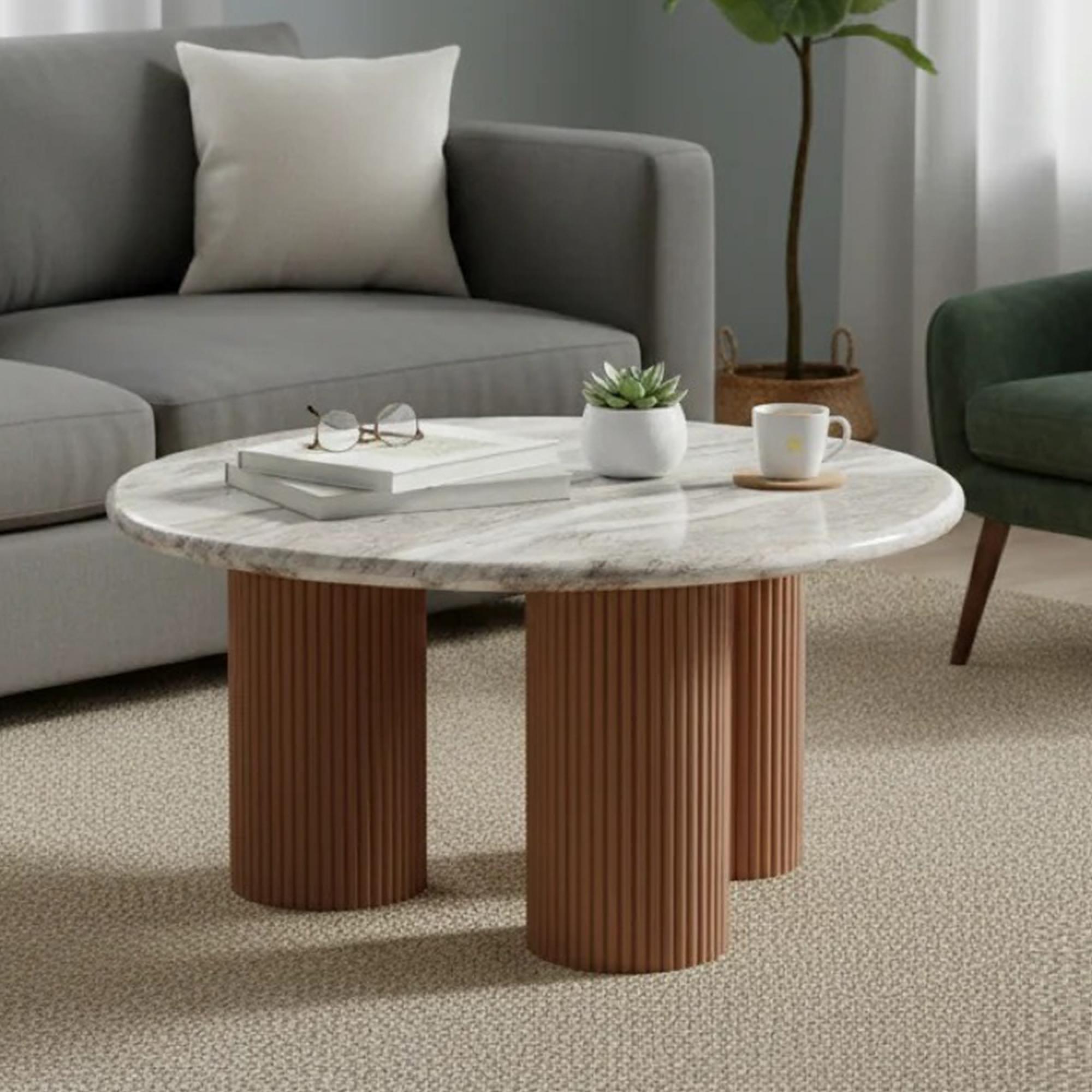Ashford Coffee Table - Round - Fluted - Pale Taupe - Marble Top and Mango Wood