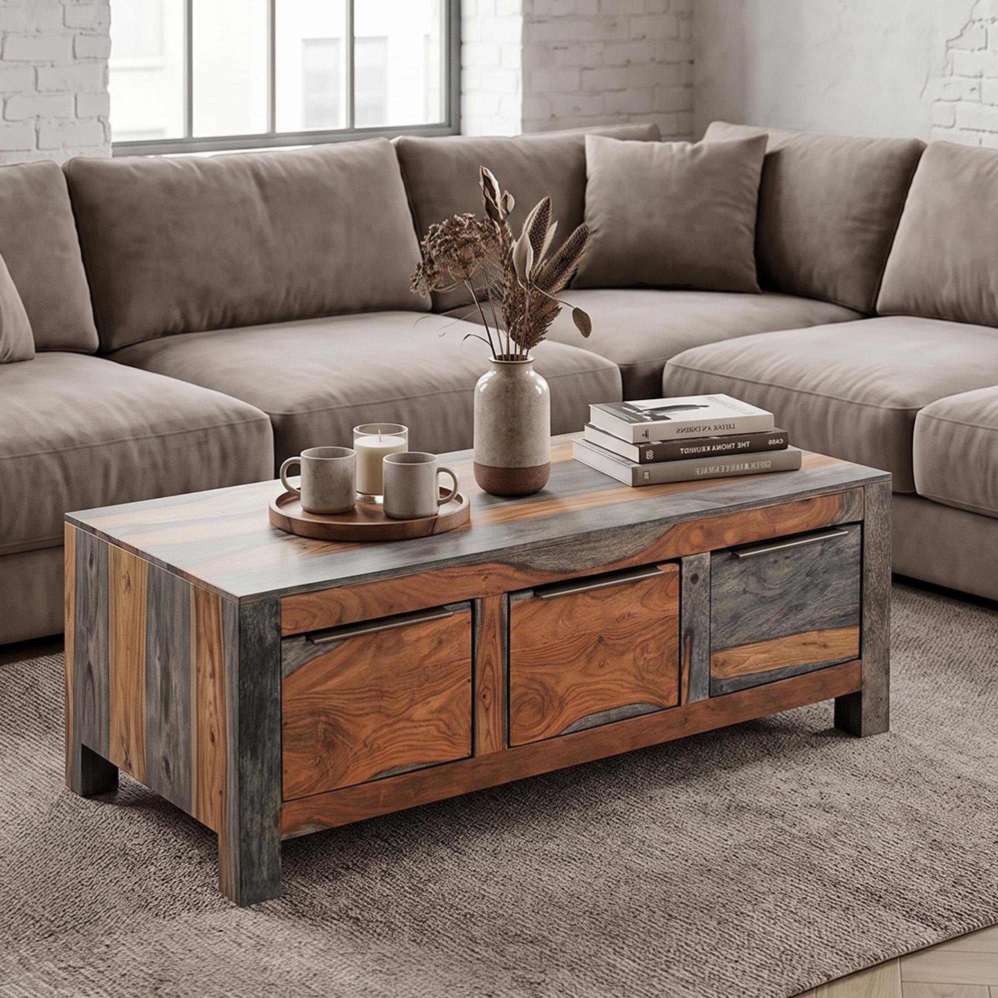 Cube Goa Petite Coffee Table - 3 Drawer - Low - Rustic Sheesham