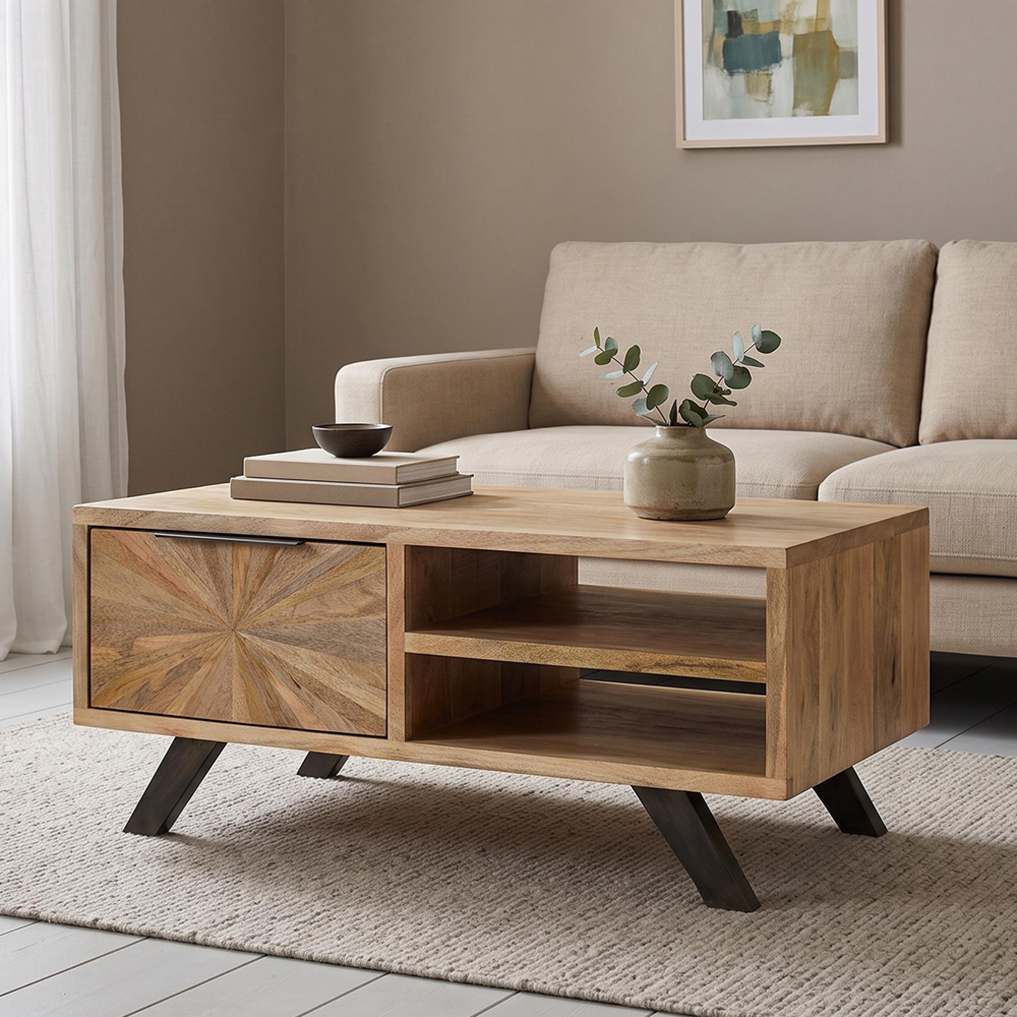 Kodi Natural Mango Wood 1 Drawer Sunburst Coffee Table