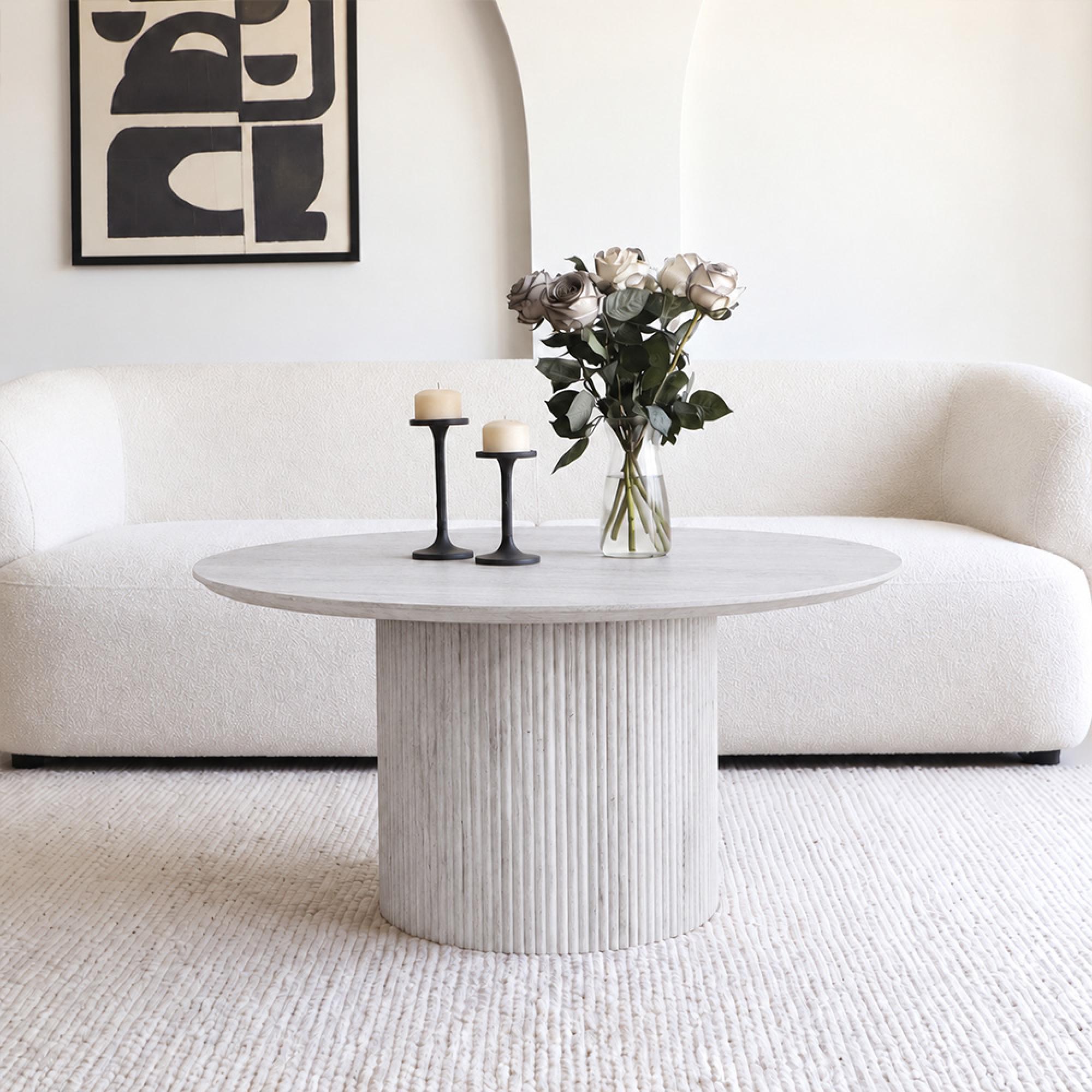 Bern Fluted White Washed Oak Drum Base Round Coffee Table
