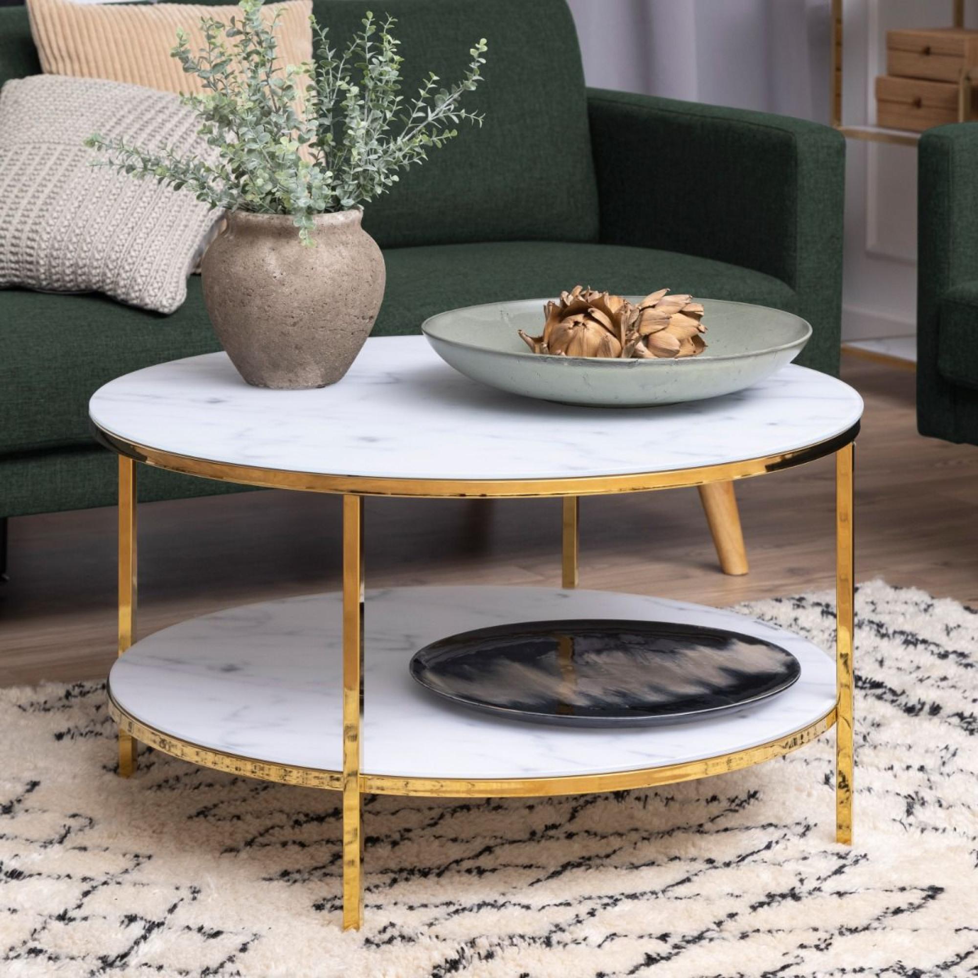 Alisma Coffee Table - Round - Shelf - White Marble