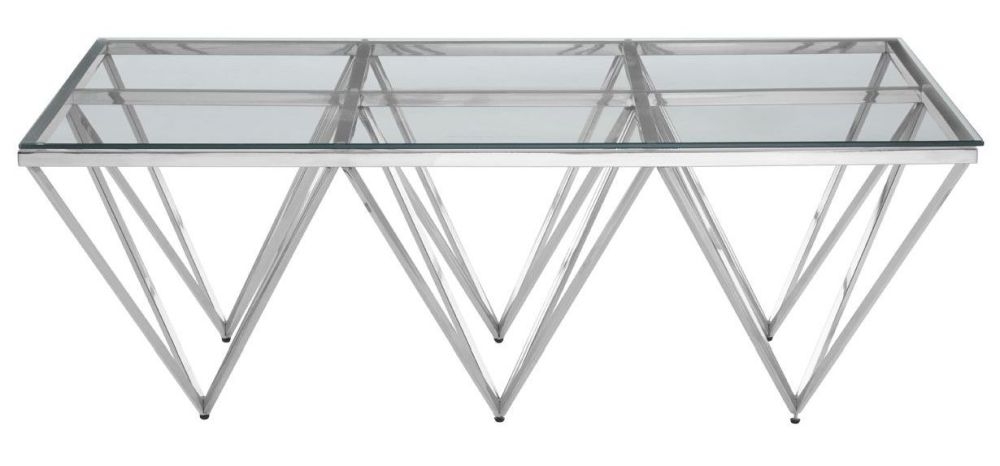 Allure Coffee Table - Glass - Silver Spike Triangle Base
