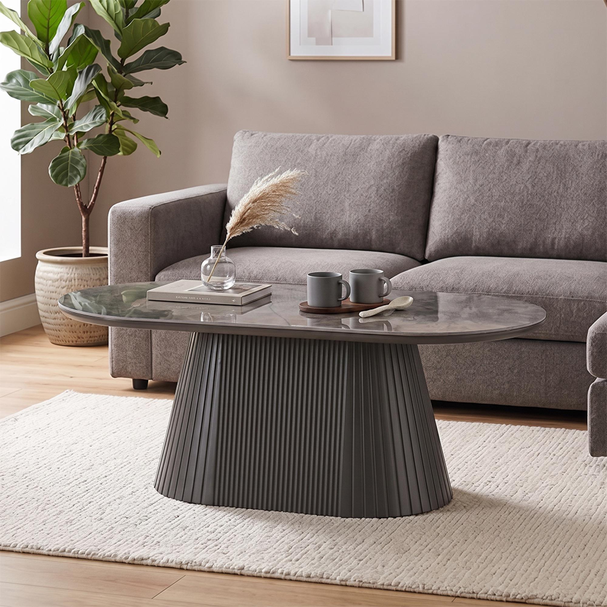 Barletta Coffee Table - Oval - Fluted Base - Dark Grey - Sintered Stone and Wood
