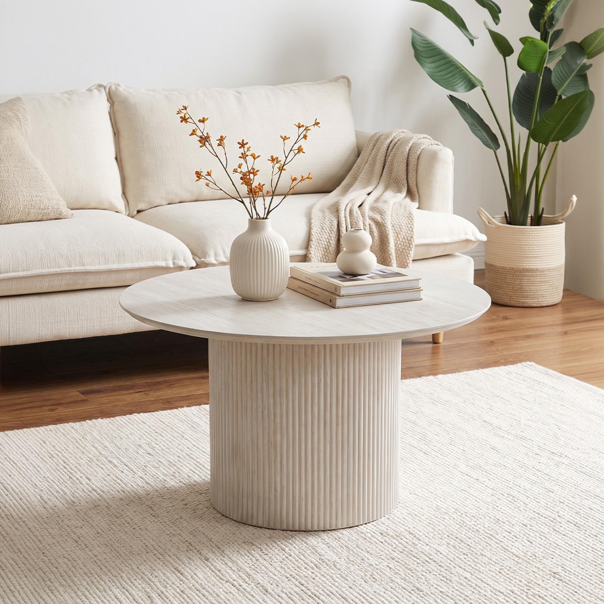 Bern Round Coffee Table - White Washed Oak - Fluted - Drum Base