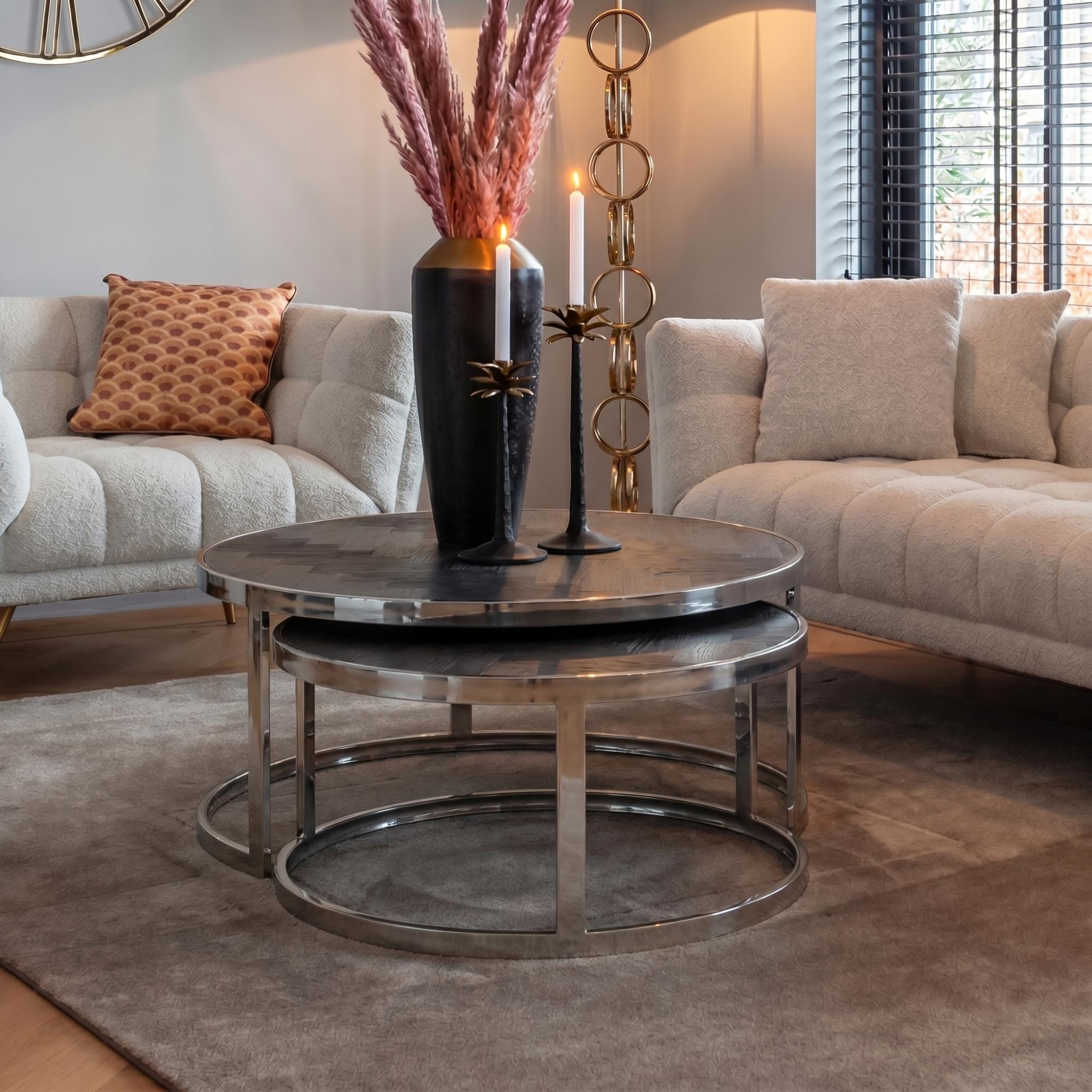 Blackbone Black Oak 2 Tier Round Coffee Tables with Silver Trim