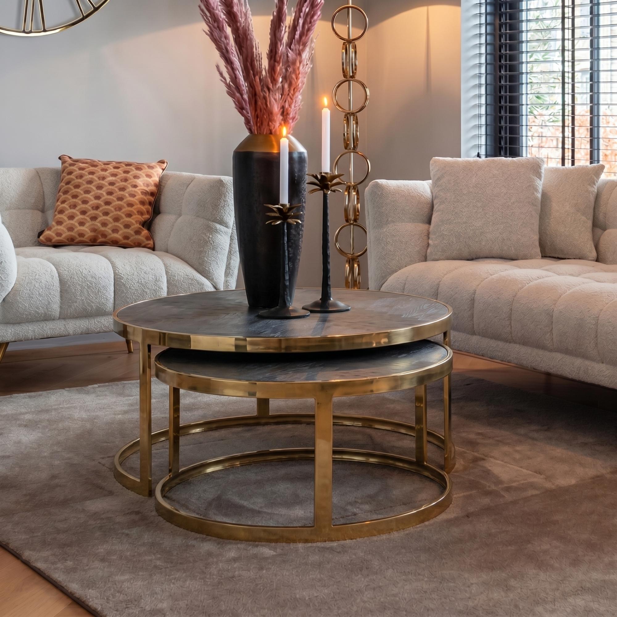 Blackbone Black Round 2 Tier Coffee Tables with Gold Trim