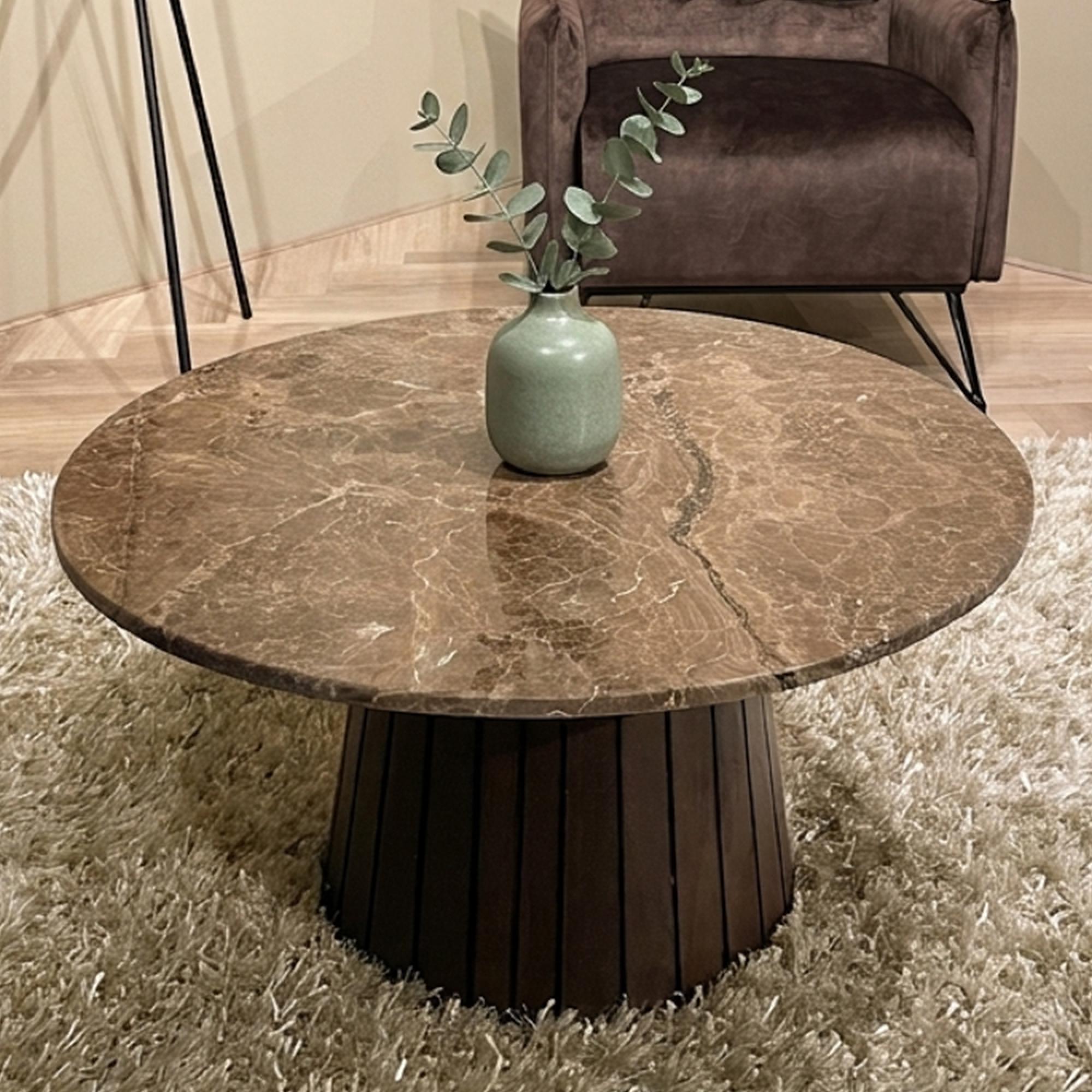 Brix Emperador Coffee Table - Round - Slatted - Chestnut - Marble and Mango Wood