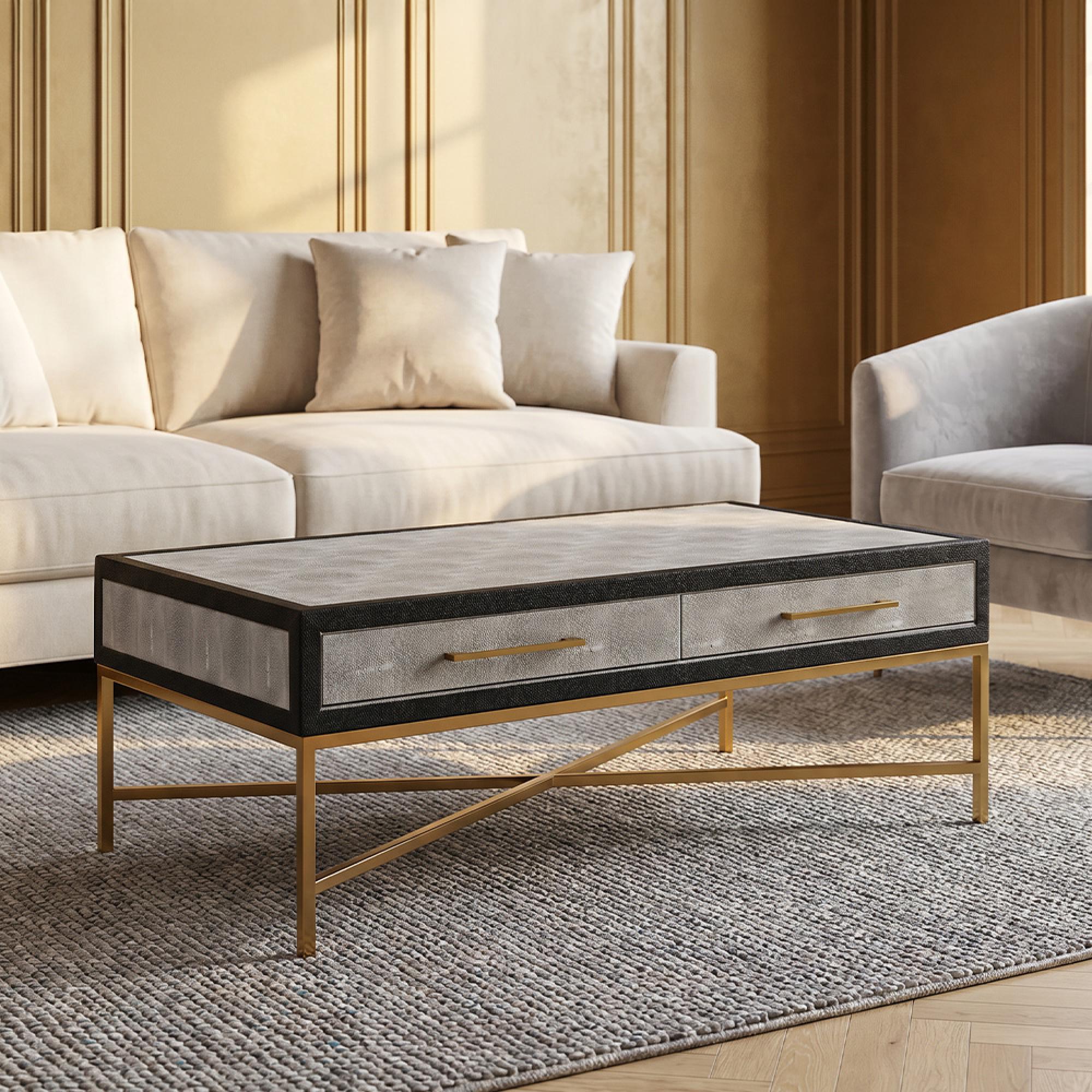 Cadio Coffee Table - 2 Drawer - Grey Faux Shagreen with Gold Legs