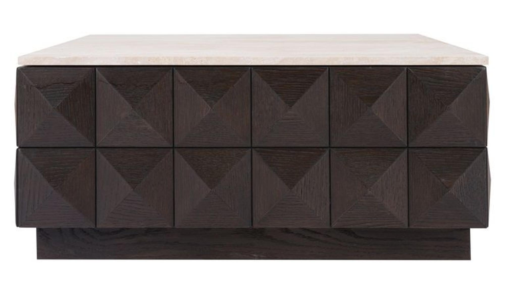 Claremont Dark Wood Square Geometric Coffee Table with Travertine Top