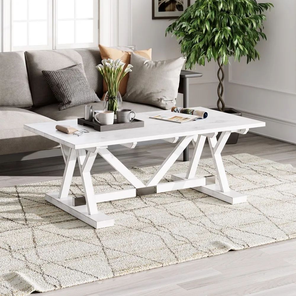 Clearance - Farmhouse Coffee Table - Trestle - White Washed Mango Wood