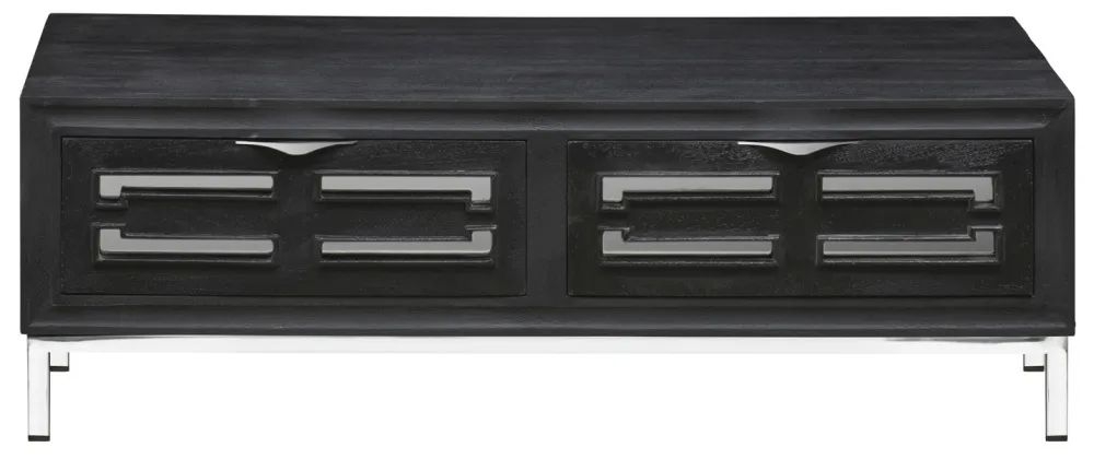 Clearance - Geo Storage Coffee Table - 2 Drawer - Black Painted Mirrored - Chrome Base