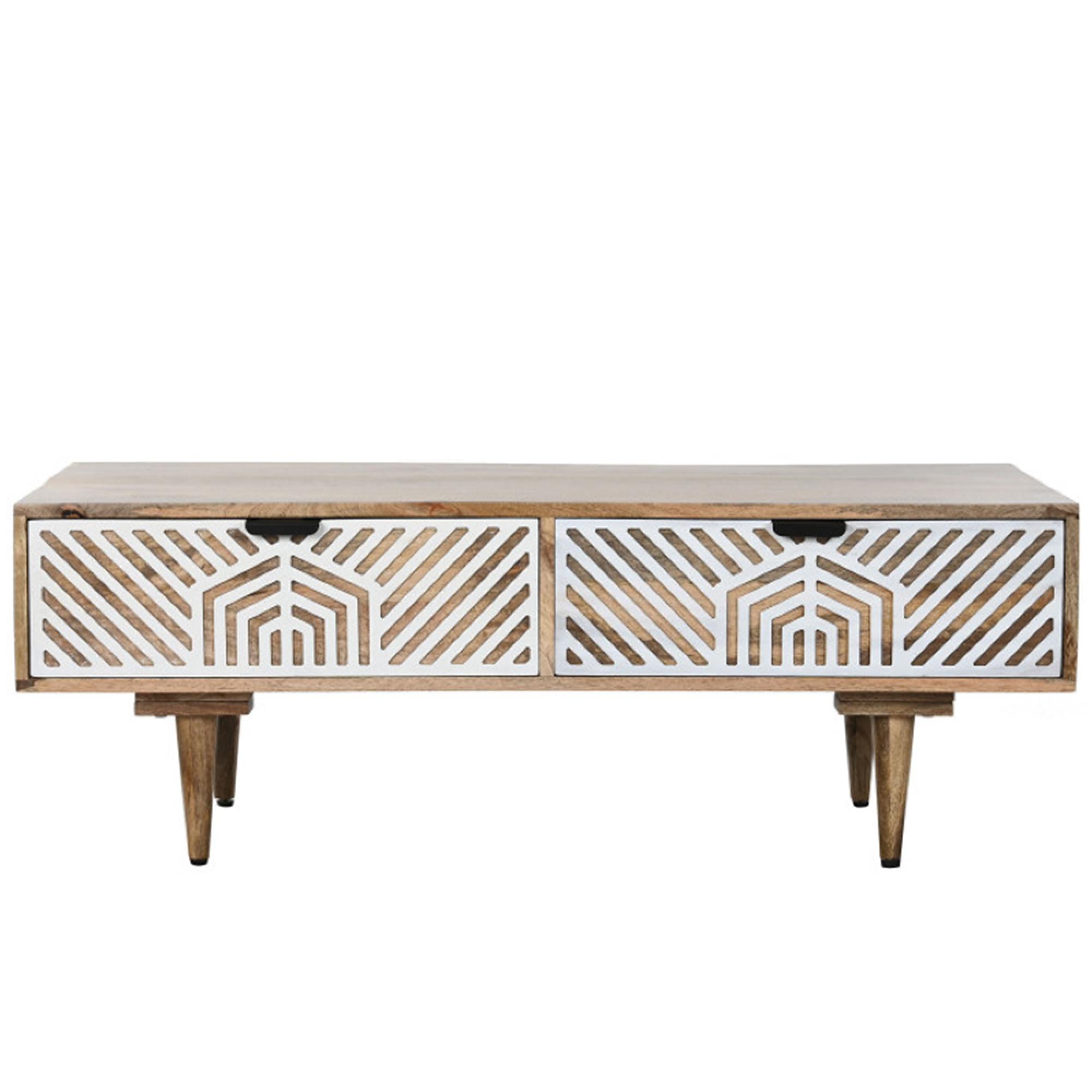 Clearance - Guna Coffee Table - 2 Drawer - Mango Wood White Geometric Printed - FSS16353