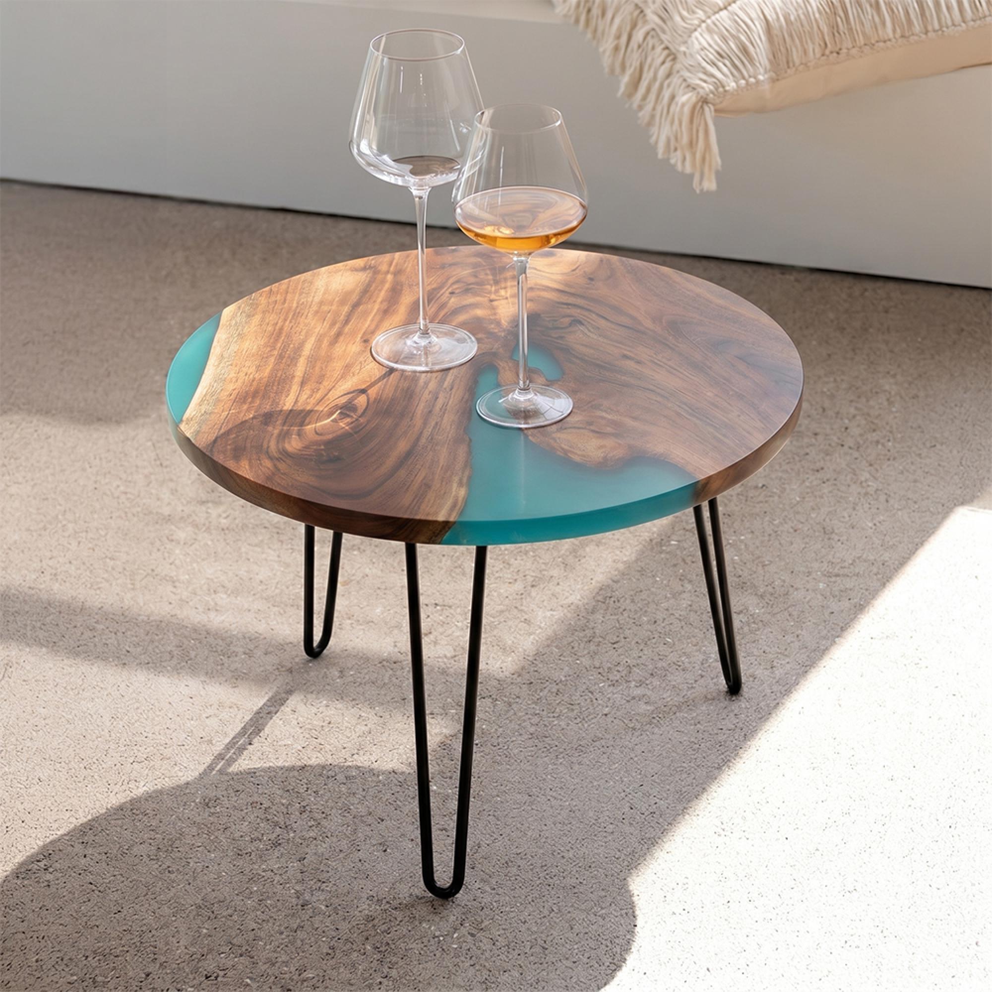 Coffee Table - Round - Hairpin Leg - Natural and Blue - Acacia Wood and Metal