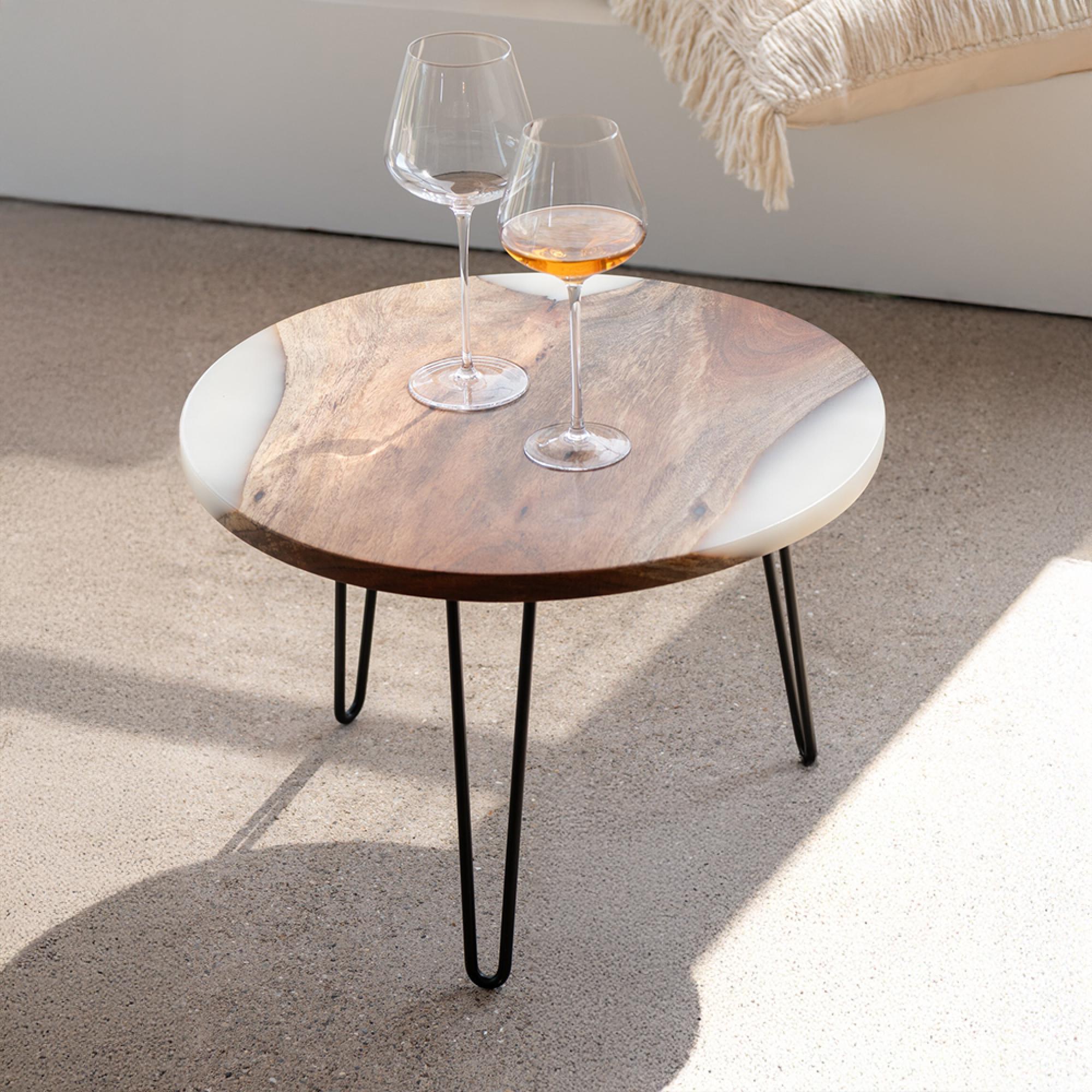 Coffee Table - Round - Hairpin Leg - Natural and White - Acacia Wood and Metal