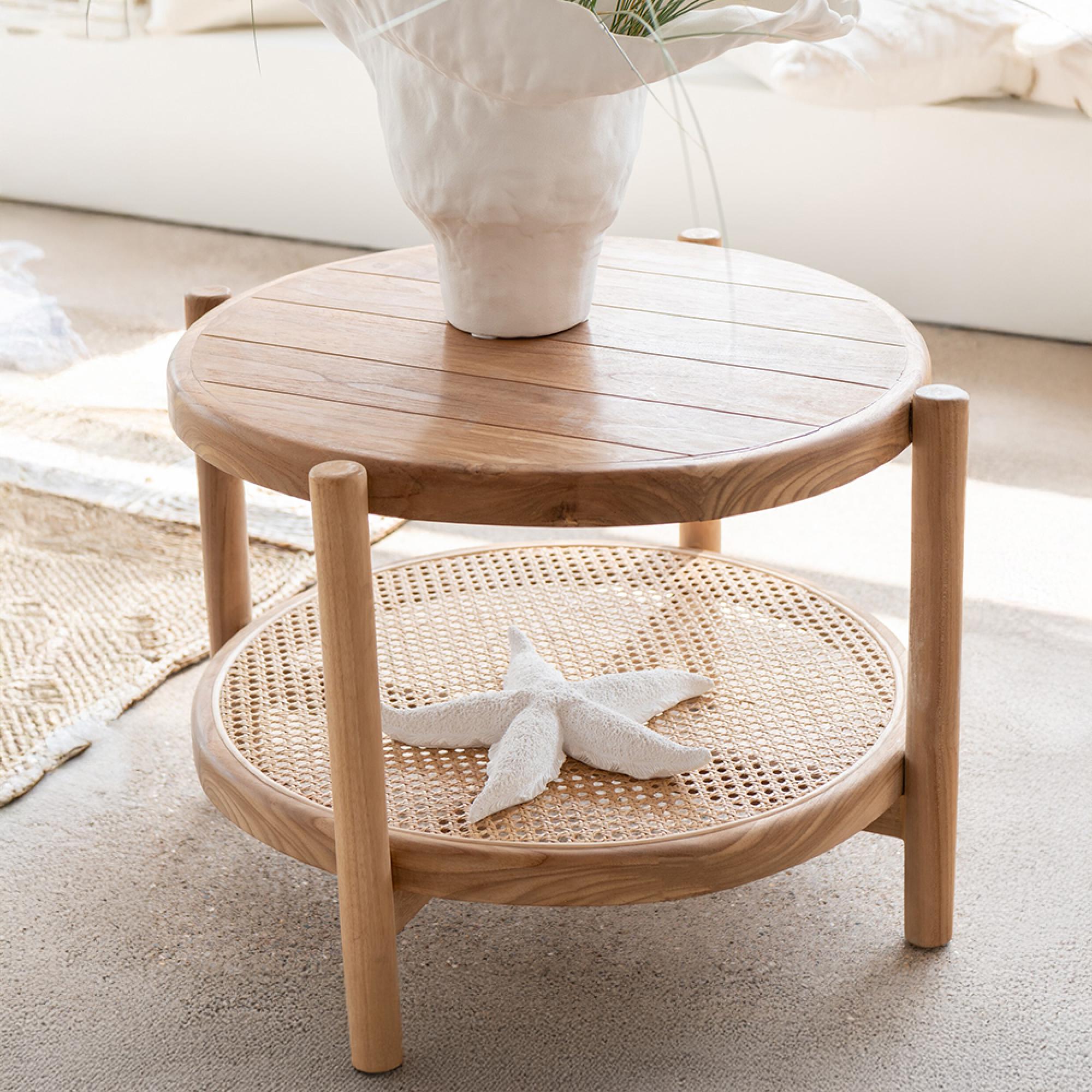 Coffee Table - Round - Low - Natural - Rattan and Teak Wood