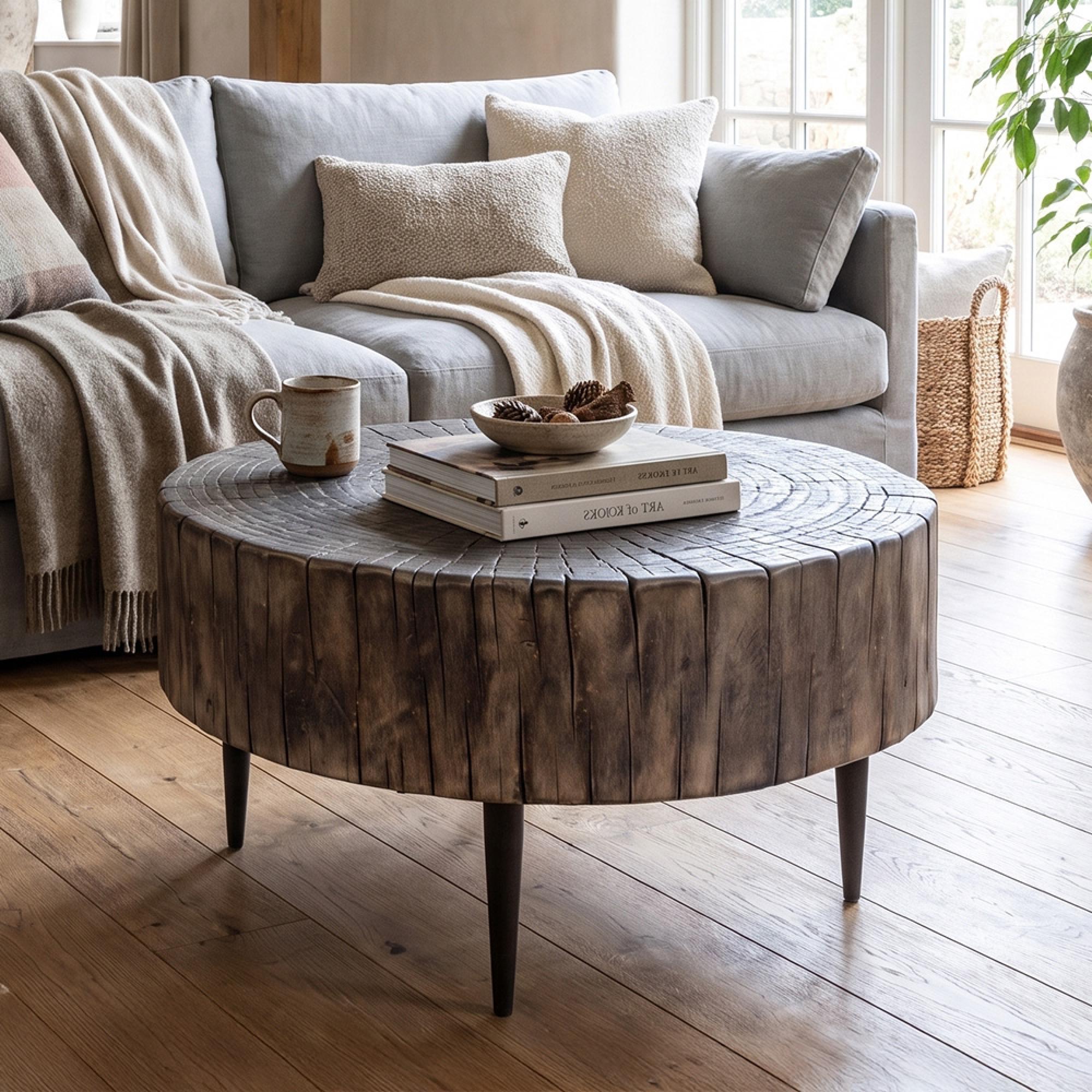 Tree Stump Coffee Table - Round - Tapered Leg - Rustic Brown - Wood