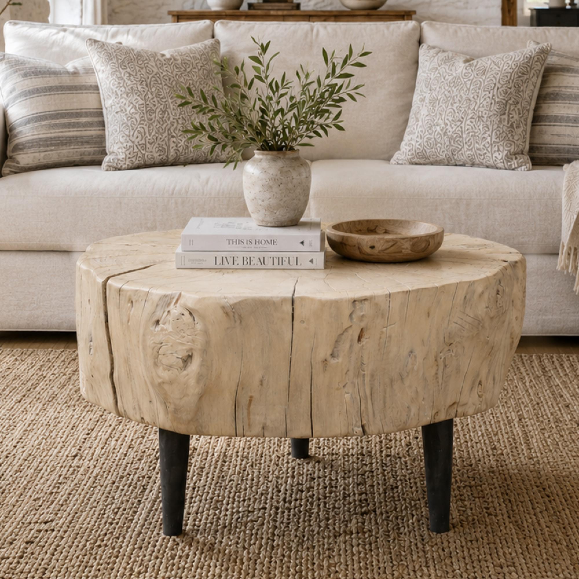 Tree Stump Coffee Table - Live Edge - Tapered Leg - Rustic Natural - Elm Wood