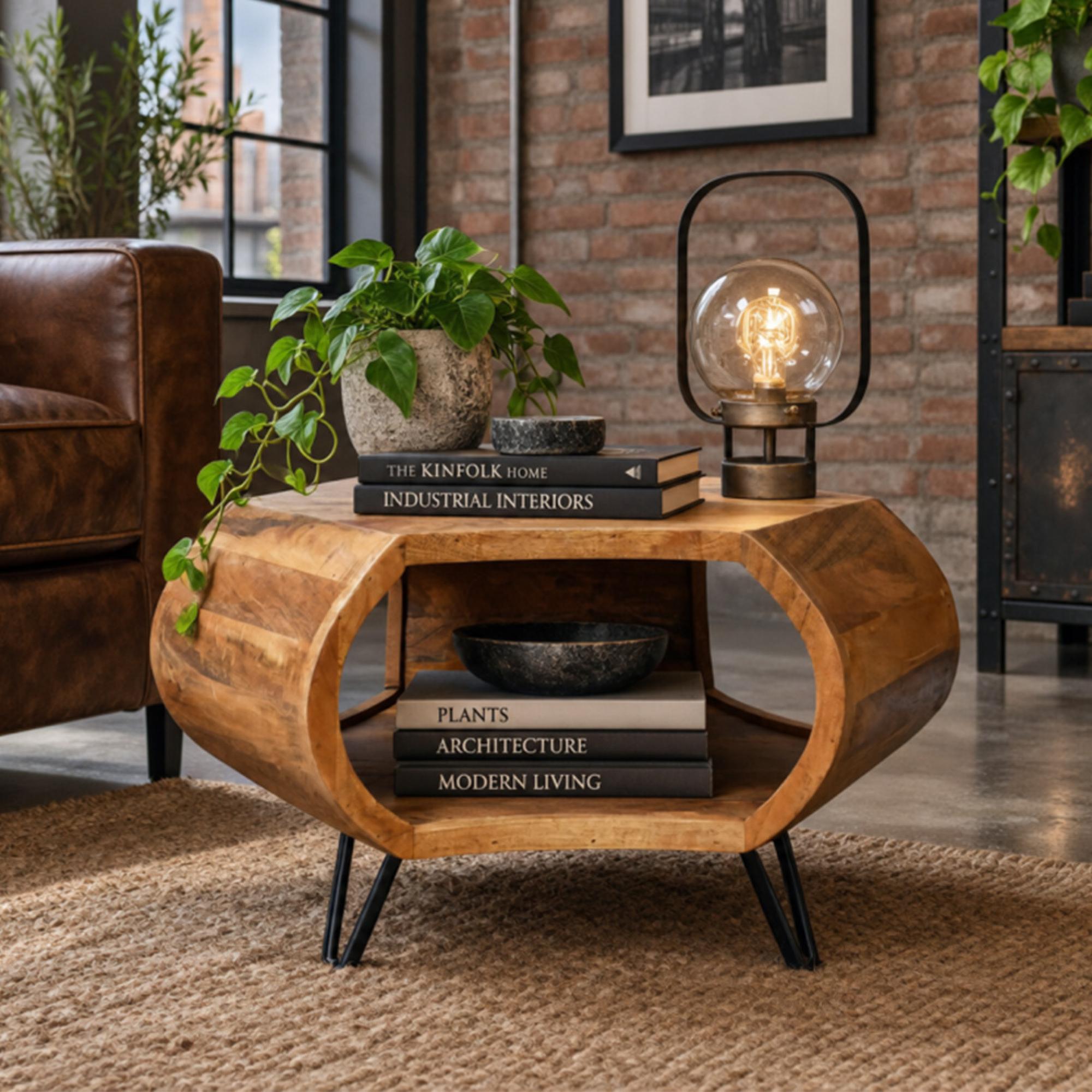 Coffee Table - with Hairpin Leg - Hexagon - Rustic - Mango Wood and Metal