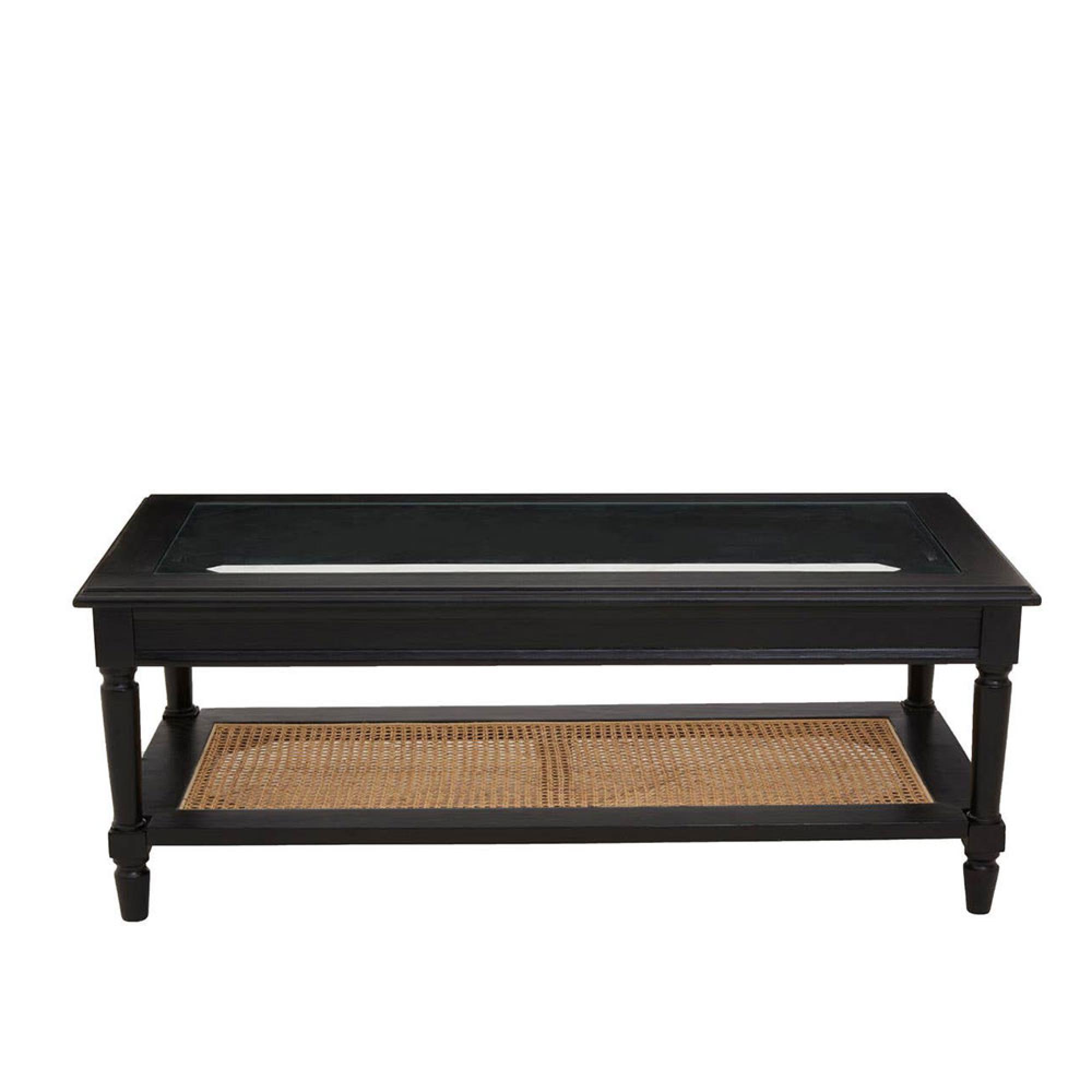 Corso Coffee Table - Clear Glass with Black Wood and Rattan Shelf