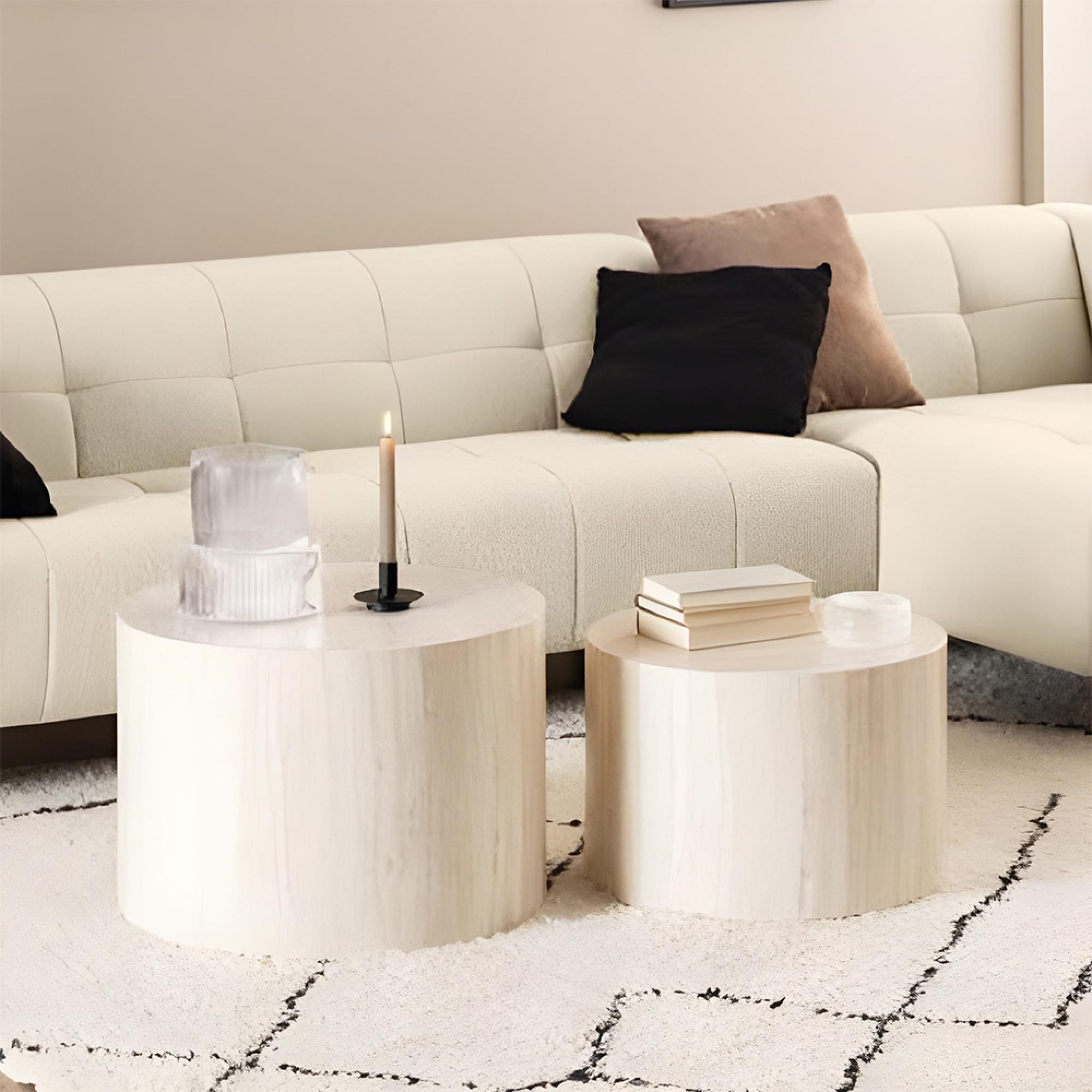Dice Coffee Table - Round - Travertine Effect - Set of 2