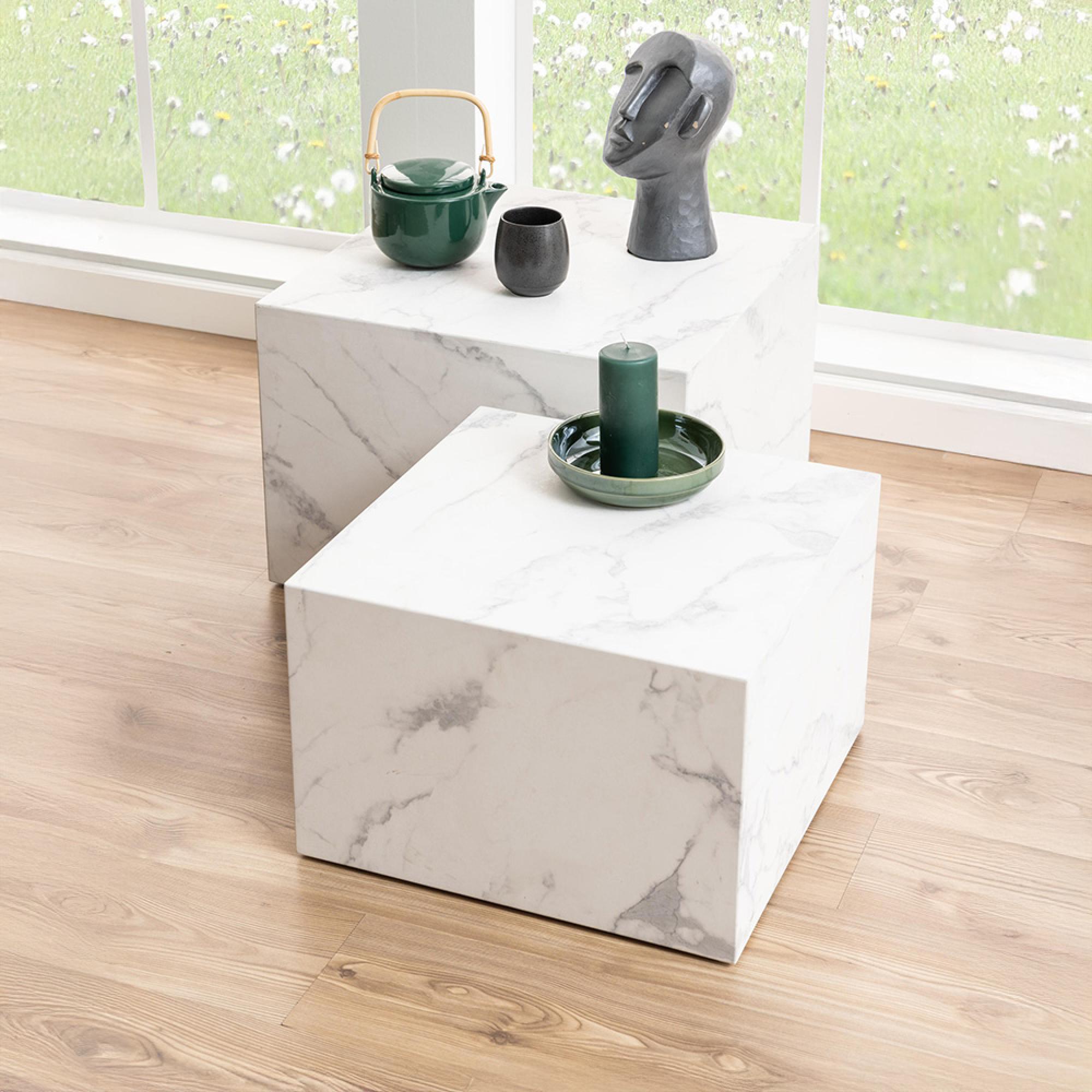 Dice Coffee Table - Round - White Carrara Marble Effect - Set of 2