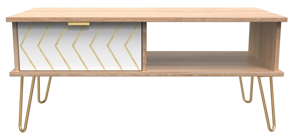 Jigsaw Coffee Table - 1 Drawer - with Gold Hairpin Legs - White and Oak