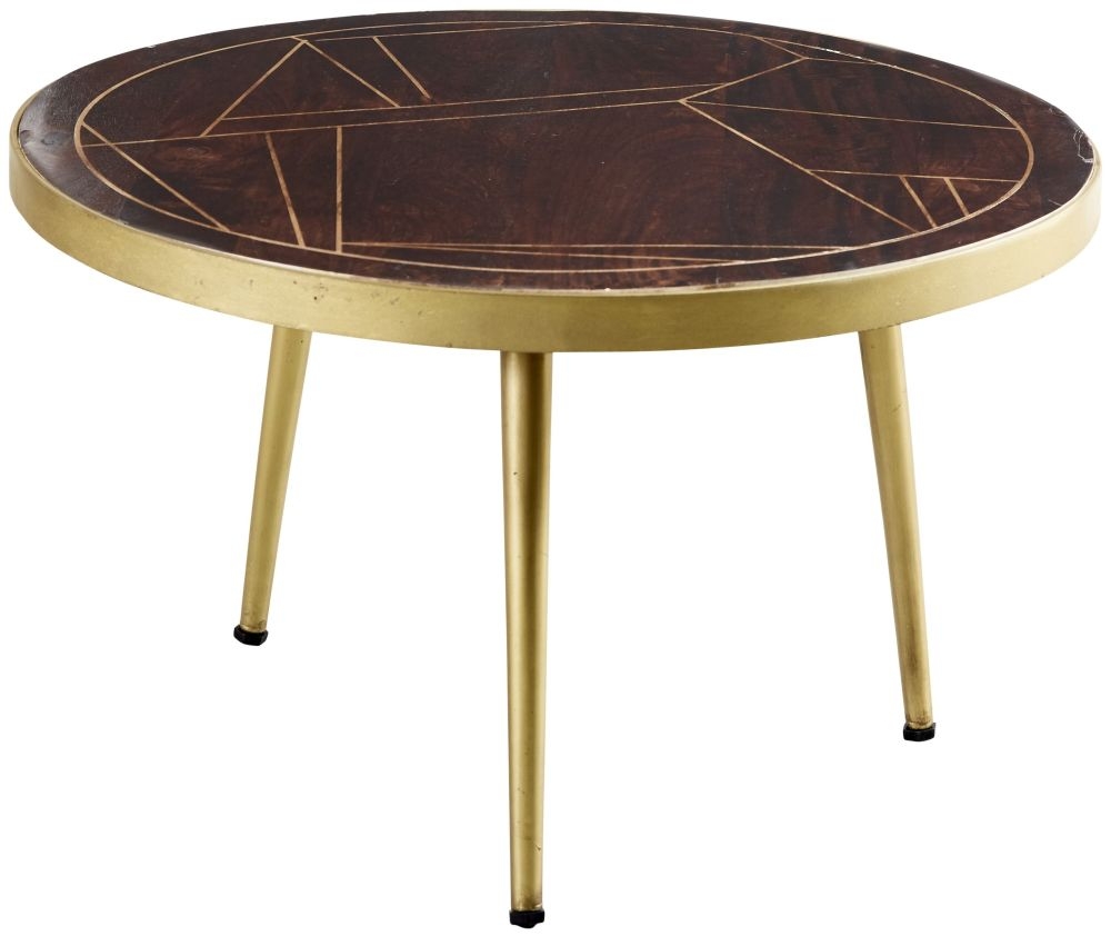 Kaza Coffee Table - Round - Gold Geometric Inlay - Dark Mango Wood