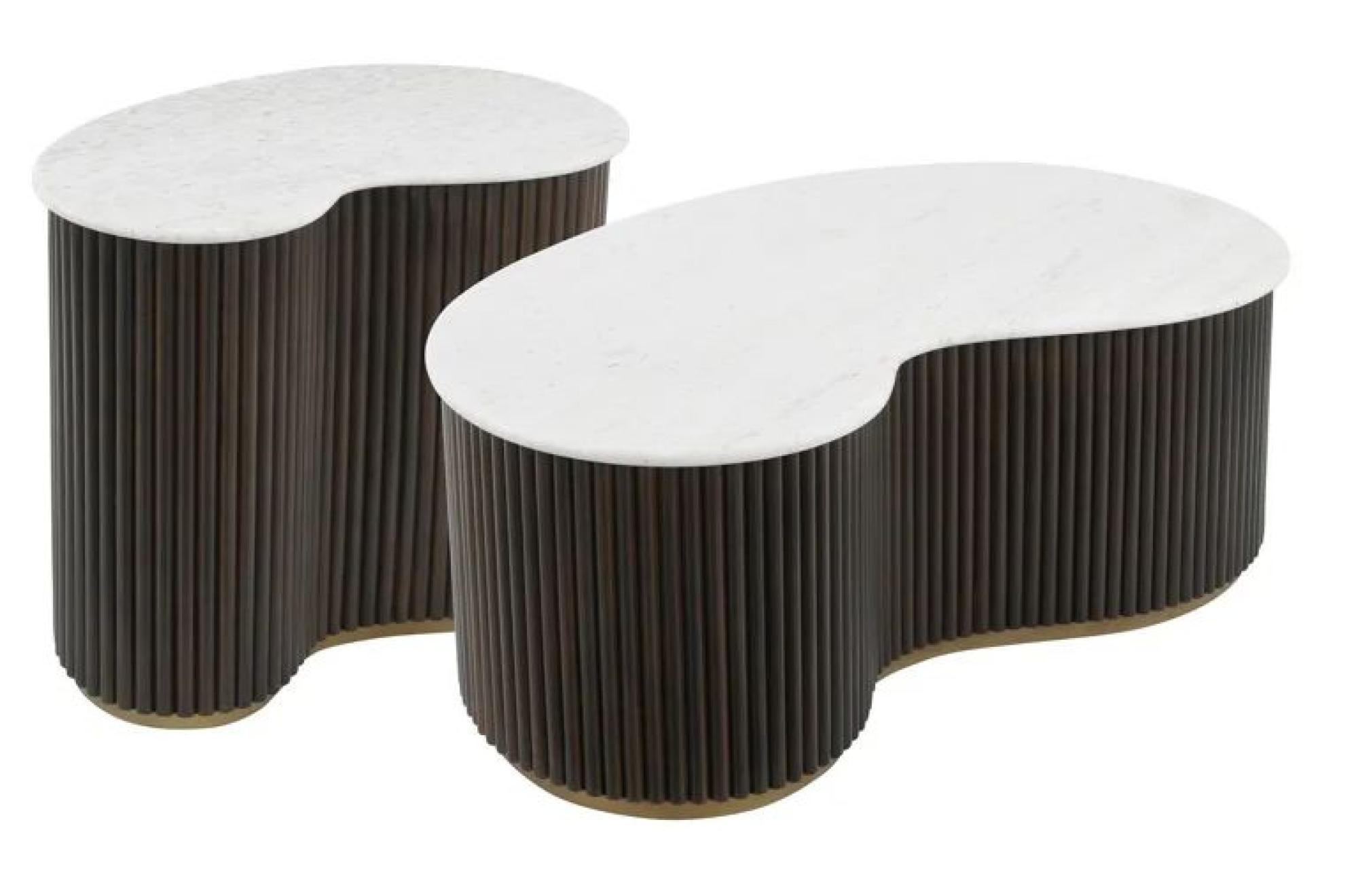 Mayfield White Marble Top 2 Tier Coffee Tables - Dark Wood Fluted Base