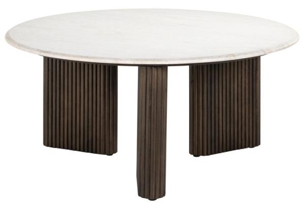Mayfield White Marble Top Round Coffee Table - Dark Wood Fluted Base