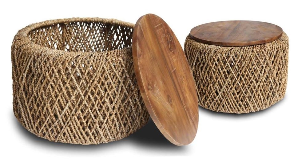 Natural Mindi Wood Coffee Tables - Set of 2 - Round - Weaved Base