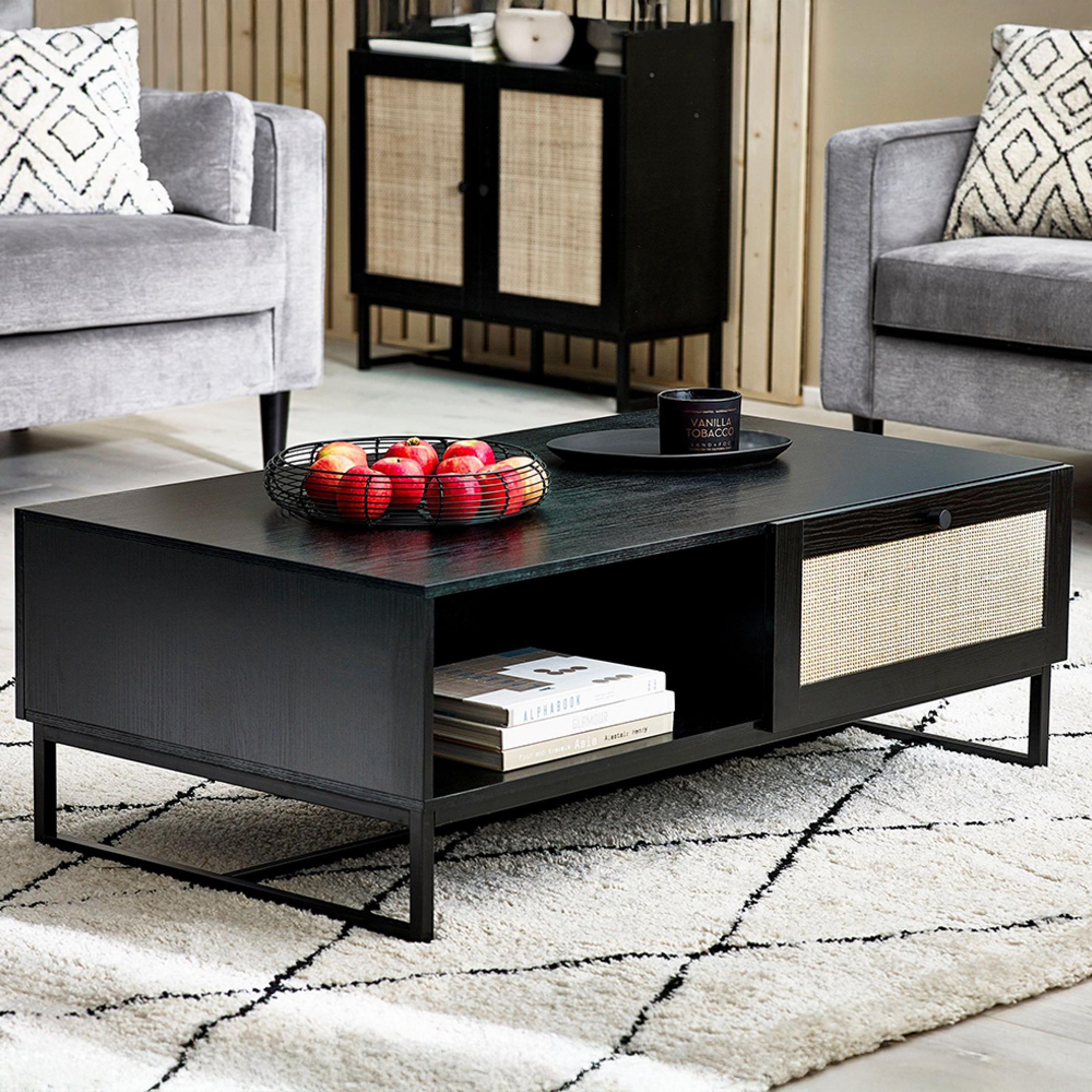 Padstow Coffee Table - 120cm - Black and Rattan