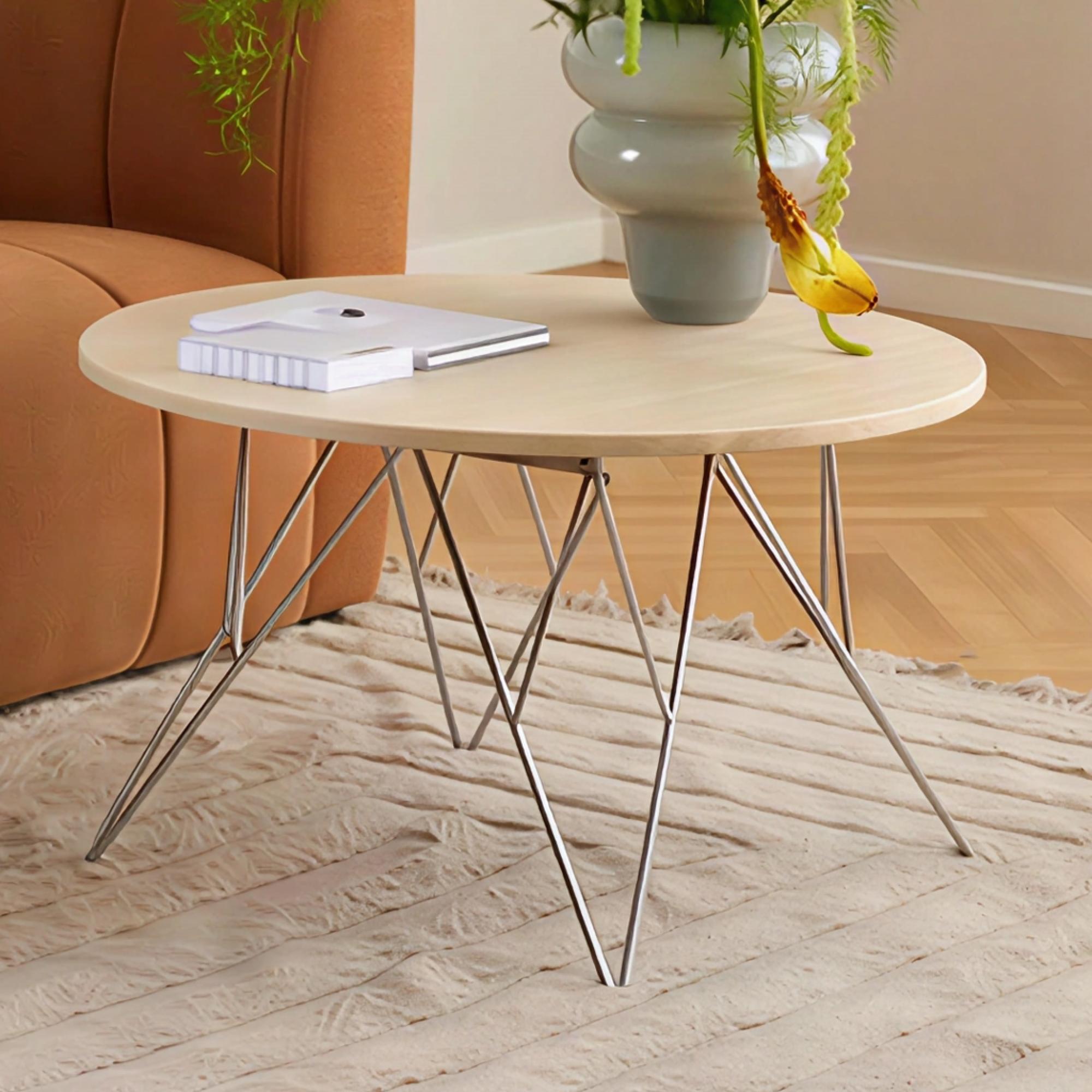 Prunus Coffee Table - Round - Beige Travertine Effect - with Chrome Hairpin Legs