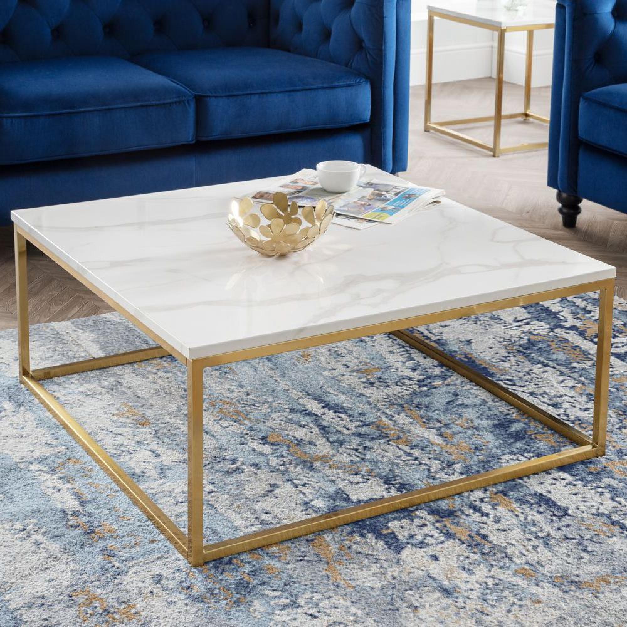 Scala Coffee Table - 90cm - Square - White Marble Effect and Gold