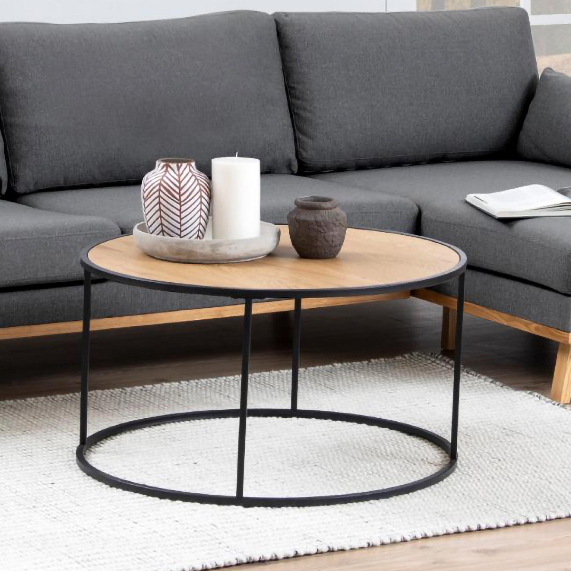 Seaford Coffee Table - Round - Oak and Black Metal
