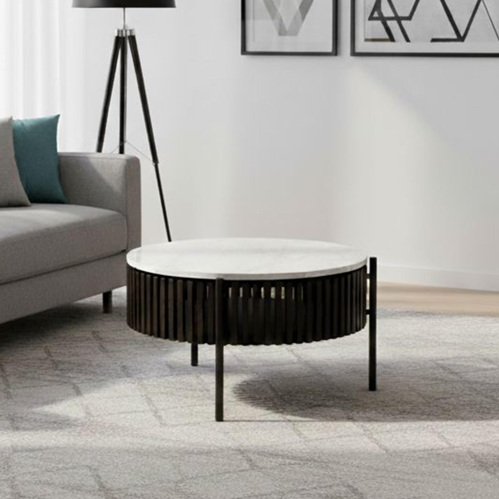 Soho Black Coffee Table - 1 Door - Slatted Story Round - White Marble Top