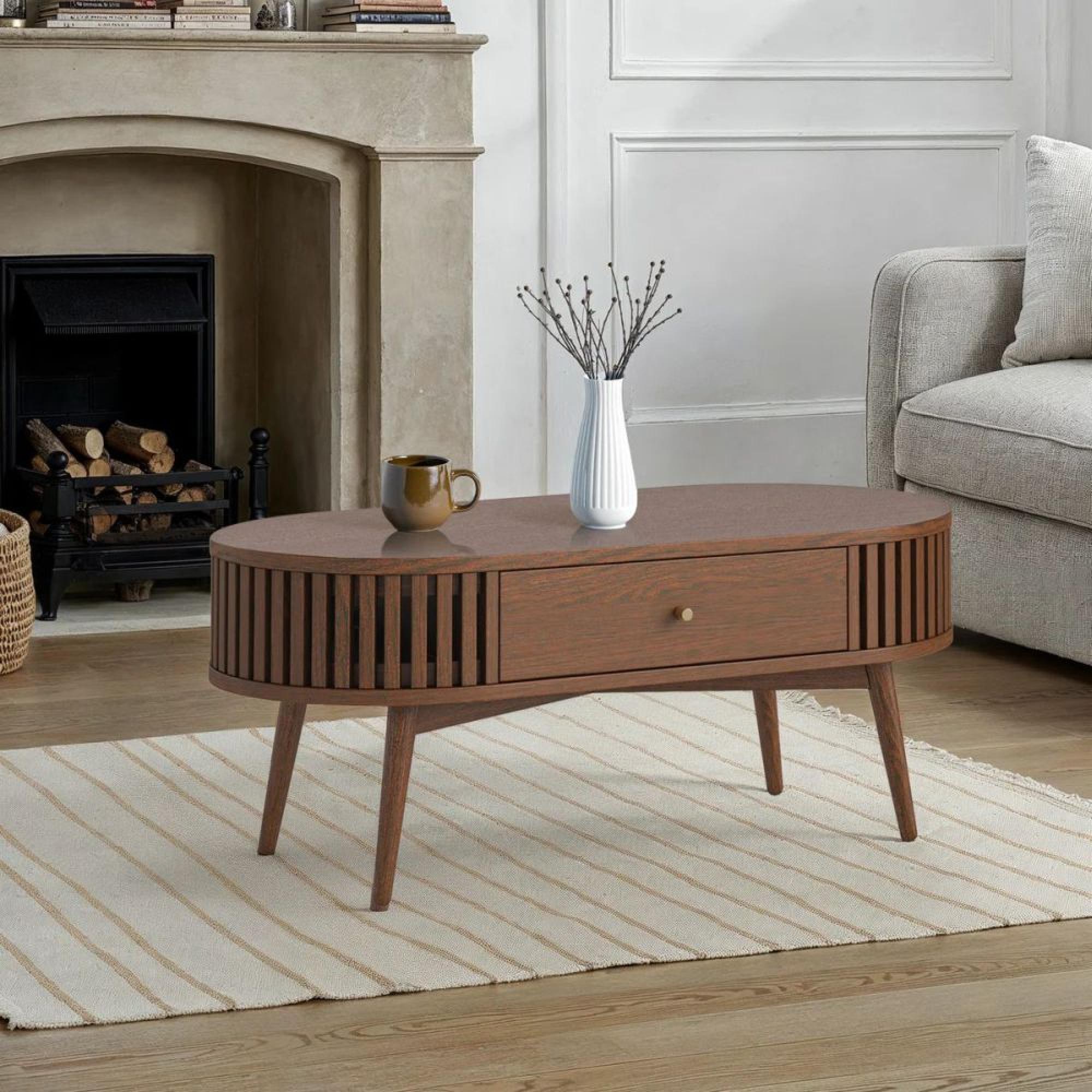 Soho Coffee Table - 1 Drawer - Slatted Oval - Dark Oak