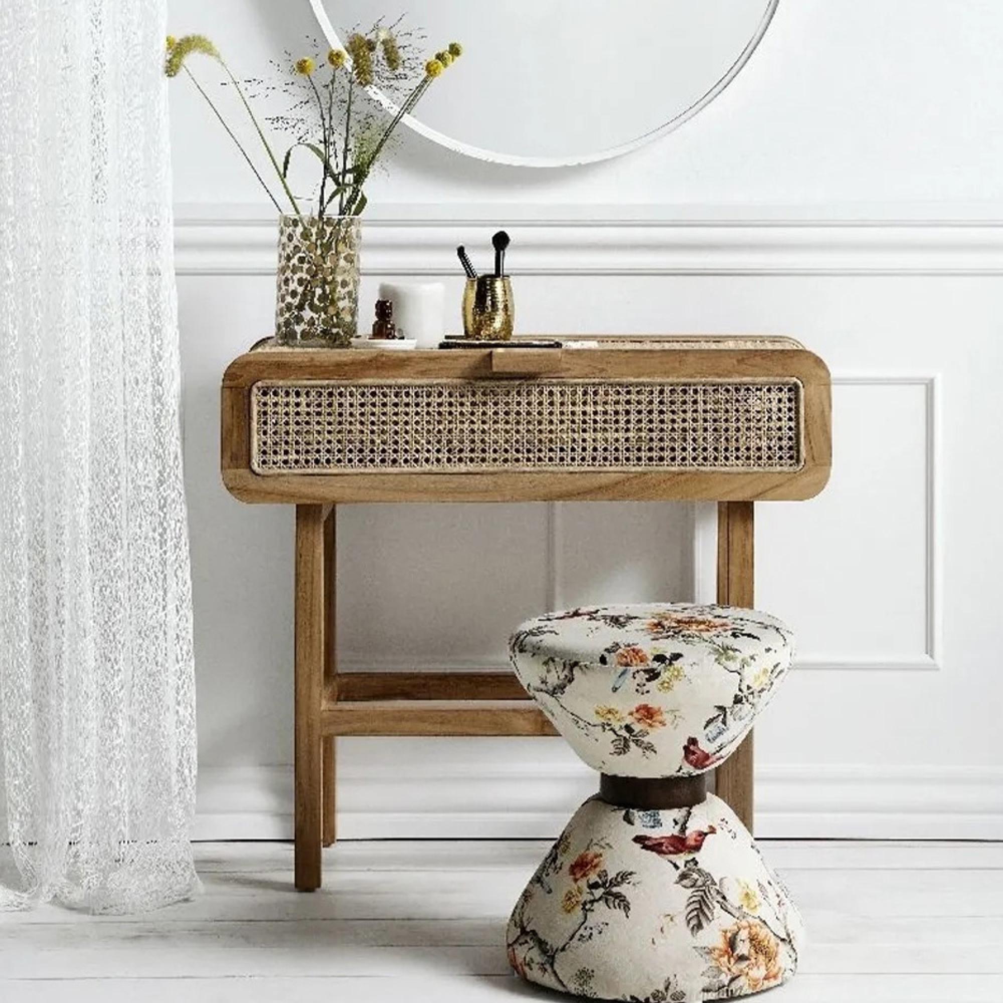 Merge Console Table - Glass Top - Teak Wood & Rattan
