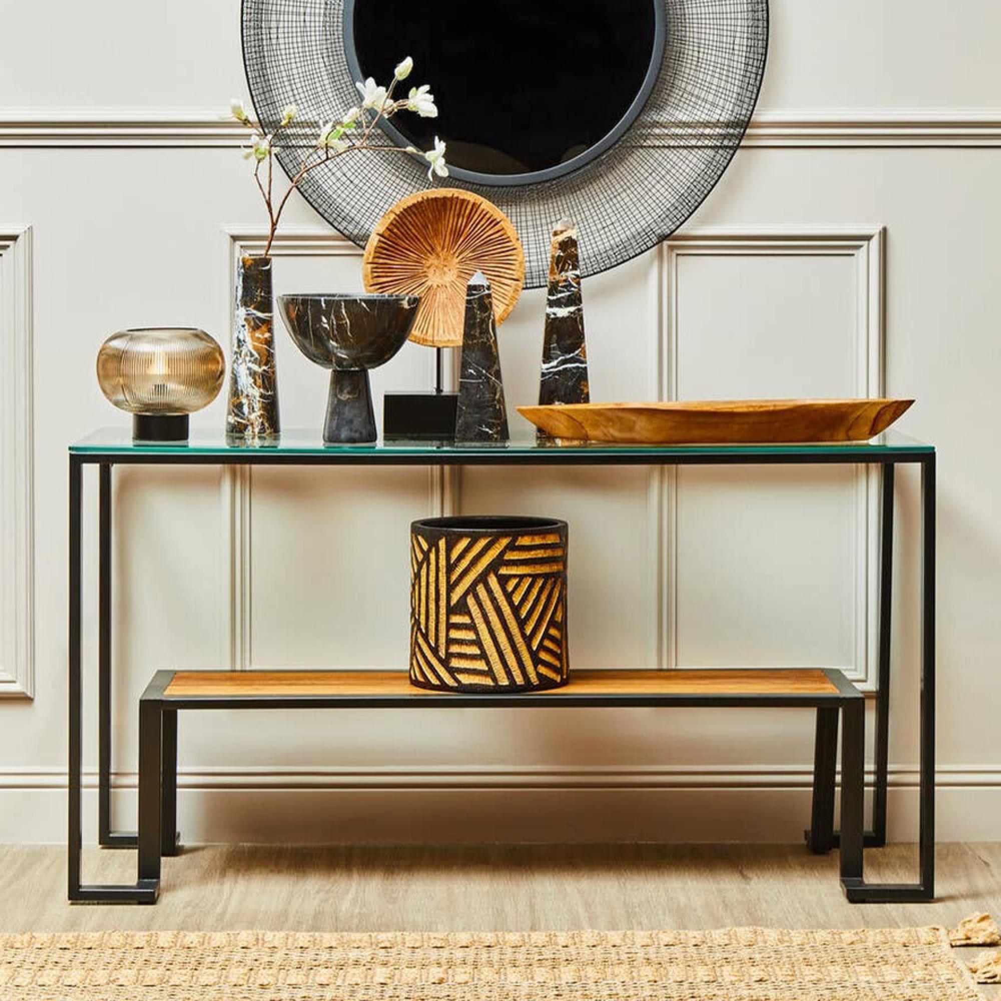 Cibo Console Table - Clear Glass with Black Metal - with Shelf