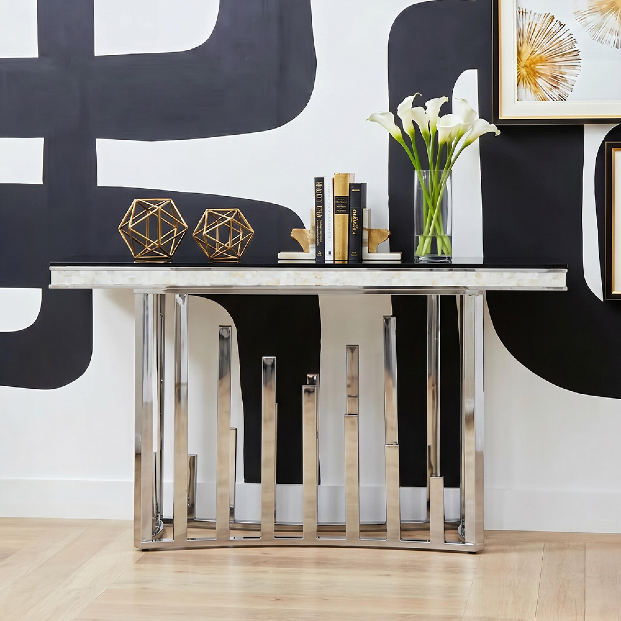Eliza Console Table - Black Glass and Silver Metal