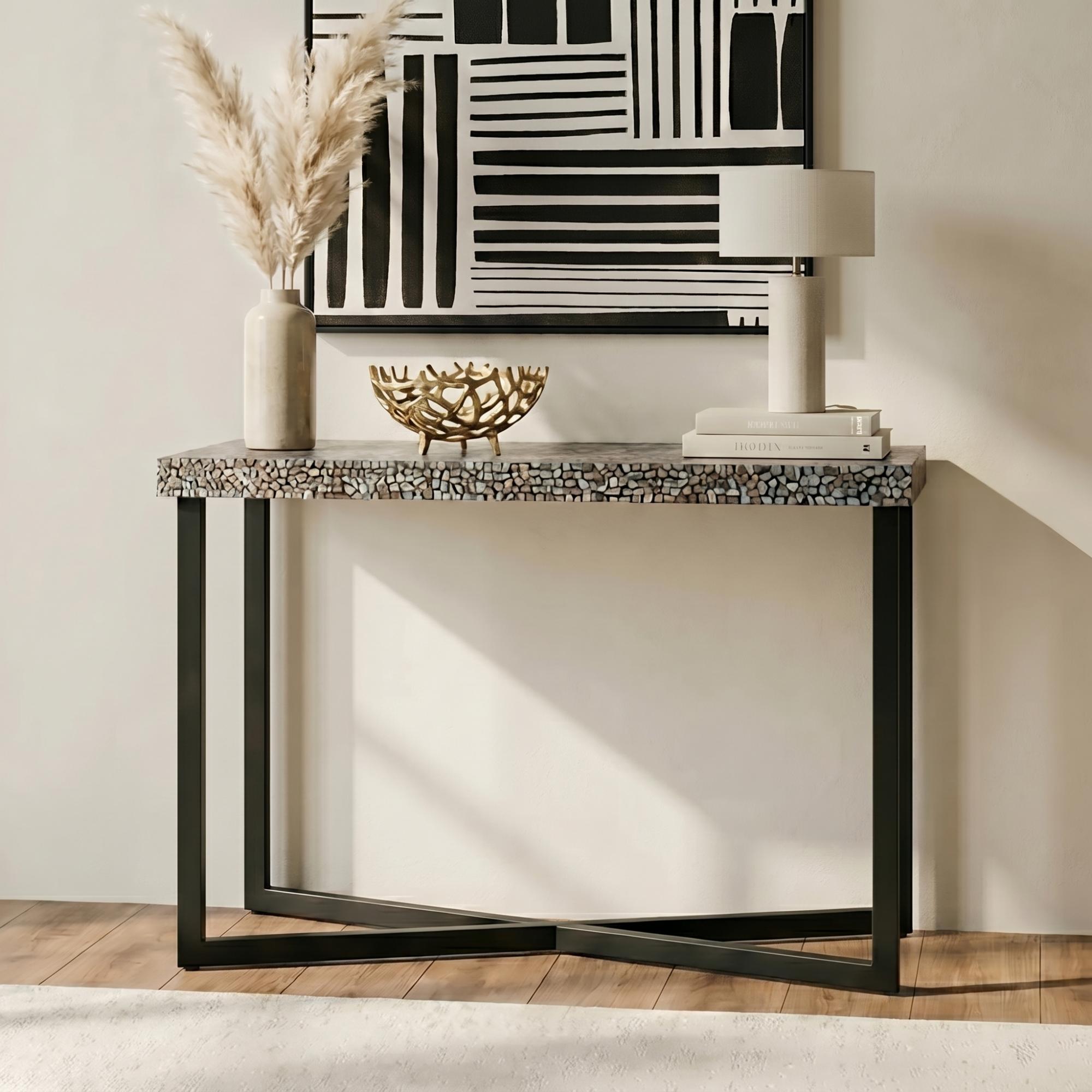 Fusion Console Table - Shell Crackle Mosaic with Black Metal