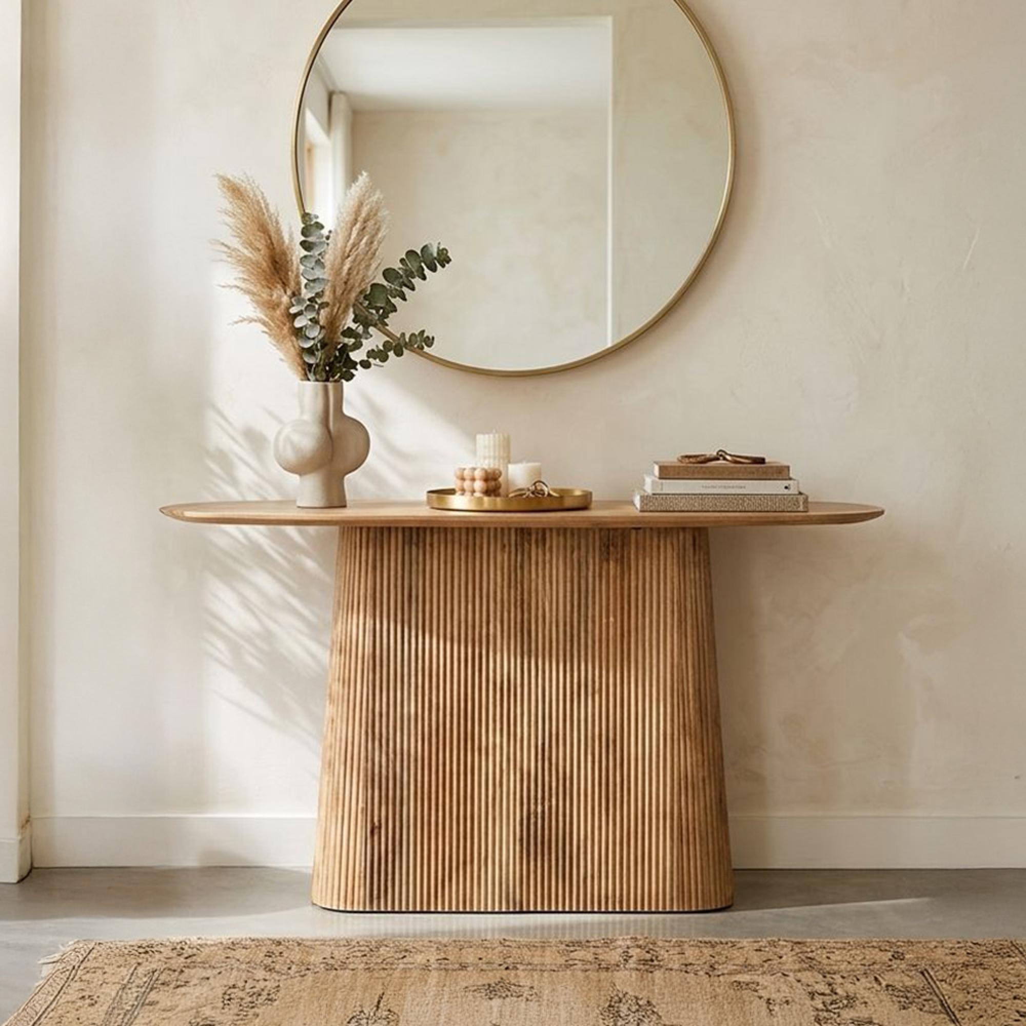 Salvator Curved Fluted Console Table - Oval - Natural- Mango Wood