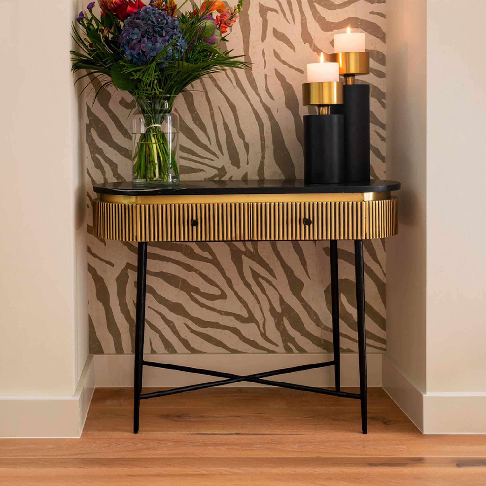 Ironville Brass Ribbed 2 Drawer Curved Console Table