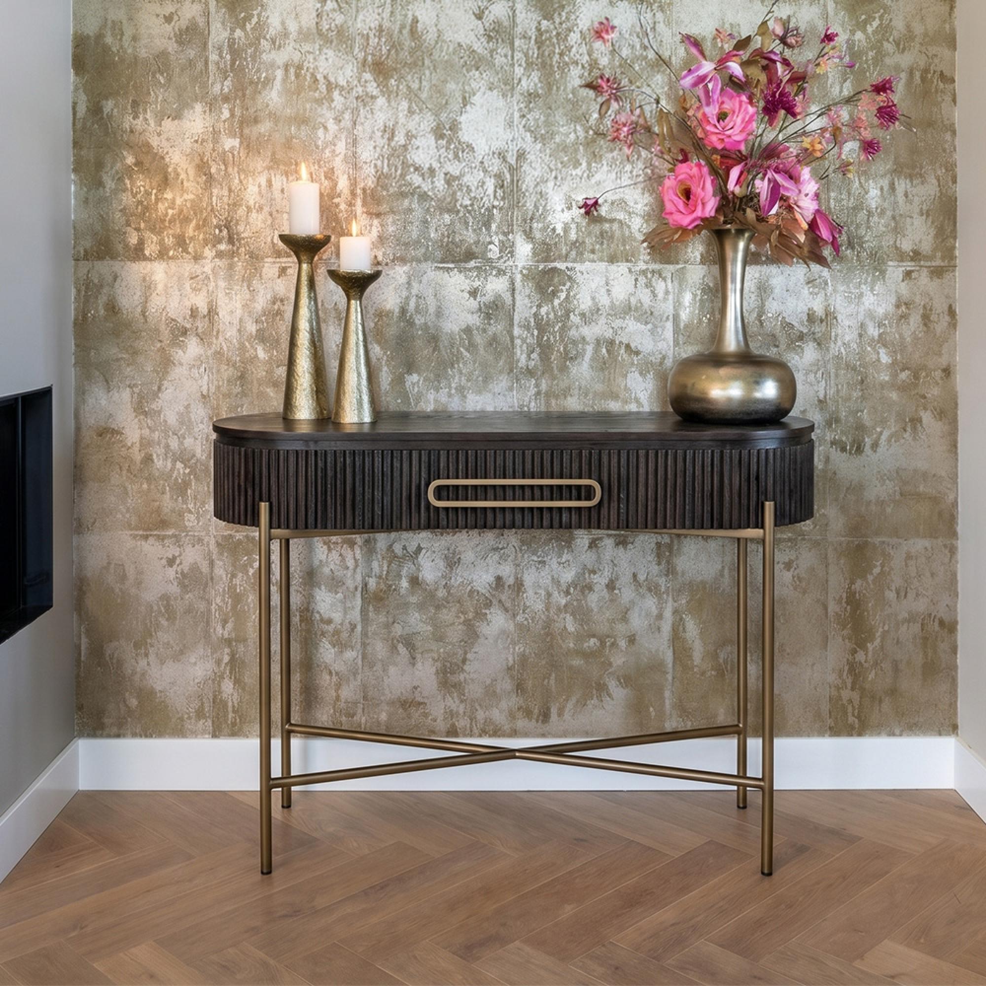 Luxor Brushed Brass Ribbed 1 Drawer Curved Console Table