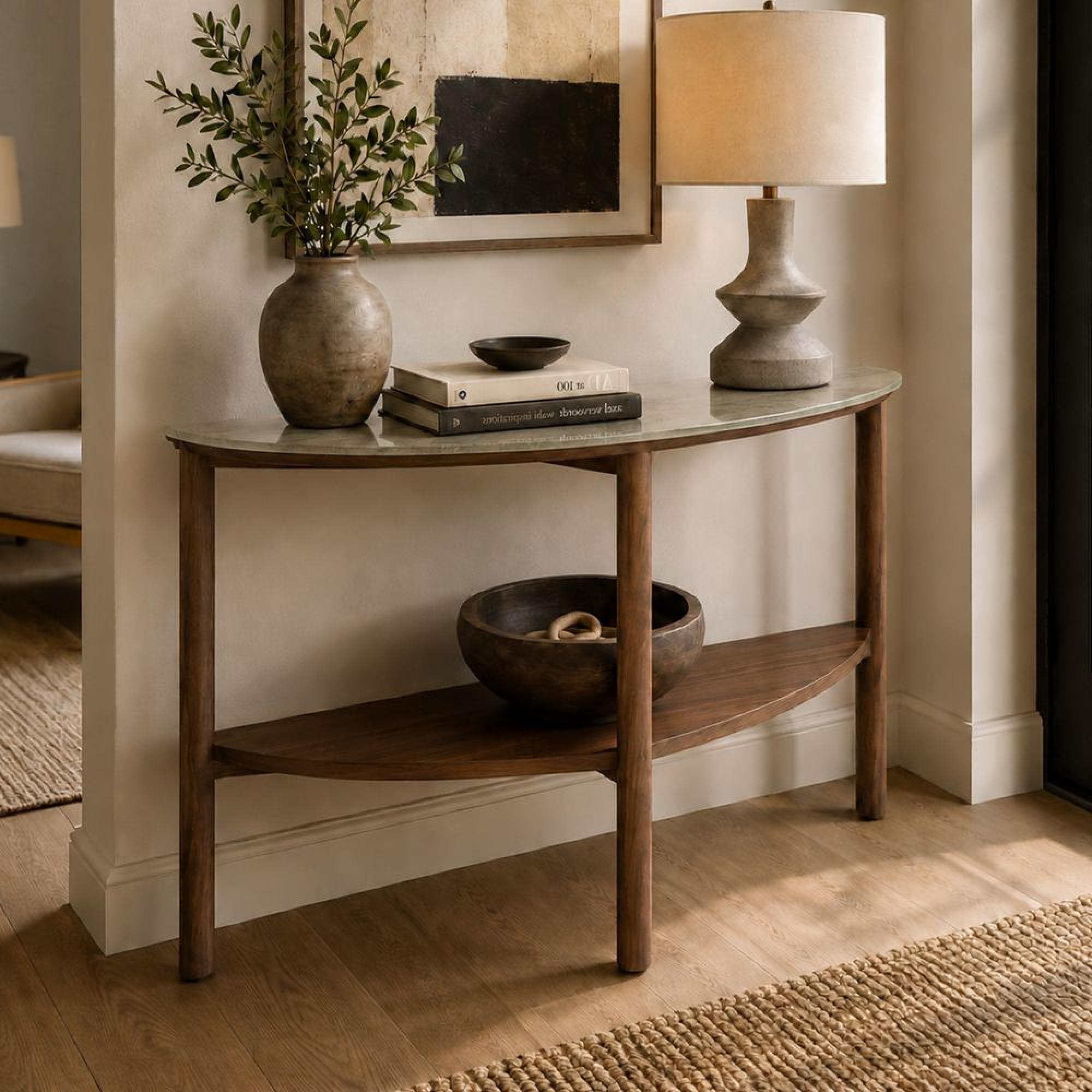 Willow Console Table - Half Moon - Tobacco Walnut and Beige - Wood and Marble Effect