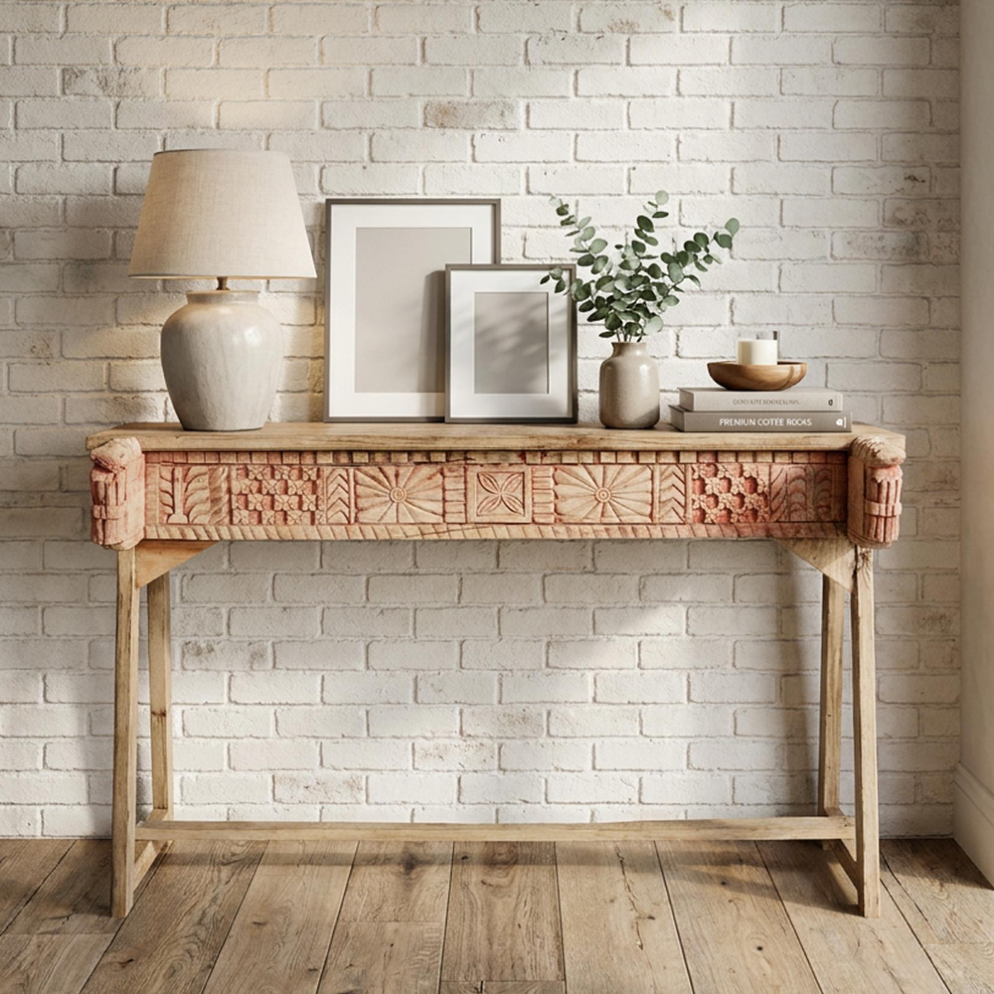 Bleached Hand Carved Console Table - Rustic Natural - Solid Wood