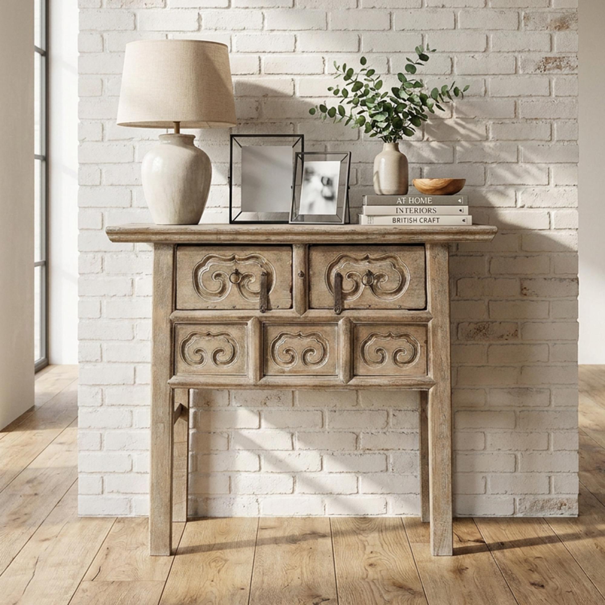 Carved Console Table - 2 Drawer - Rustic Natural - Elm Wood