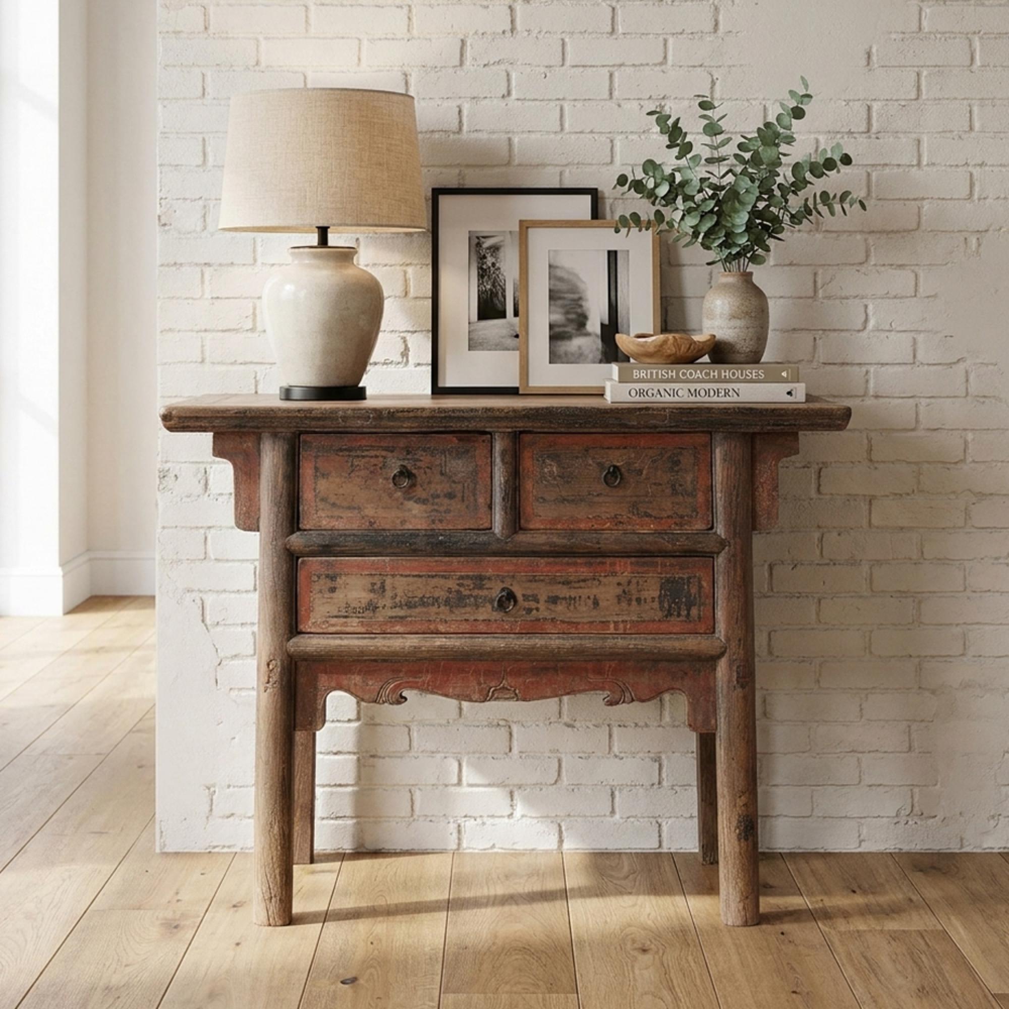 Console Table - 3 Drawer - Distressed Rustic Brown - Elm Wood